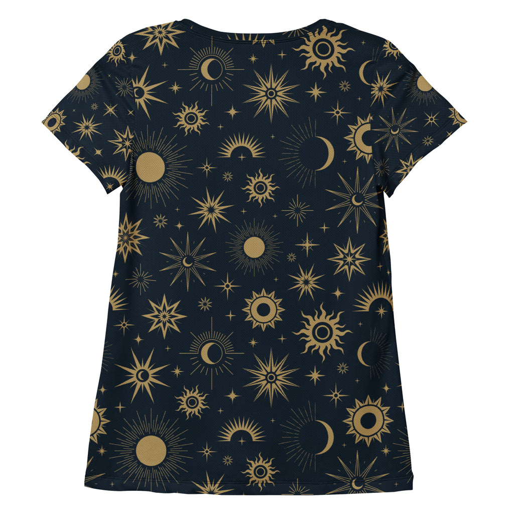 Women’s navy blue short-sleeved performance athletic t-shirt with gold celestial sun moon star pattern and UPF 50+ protection