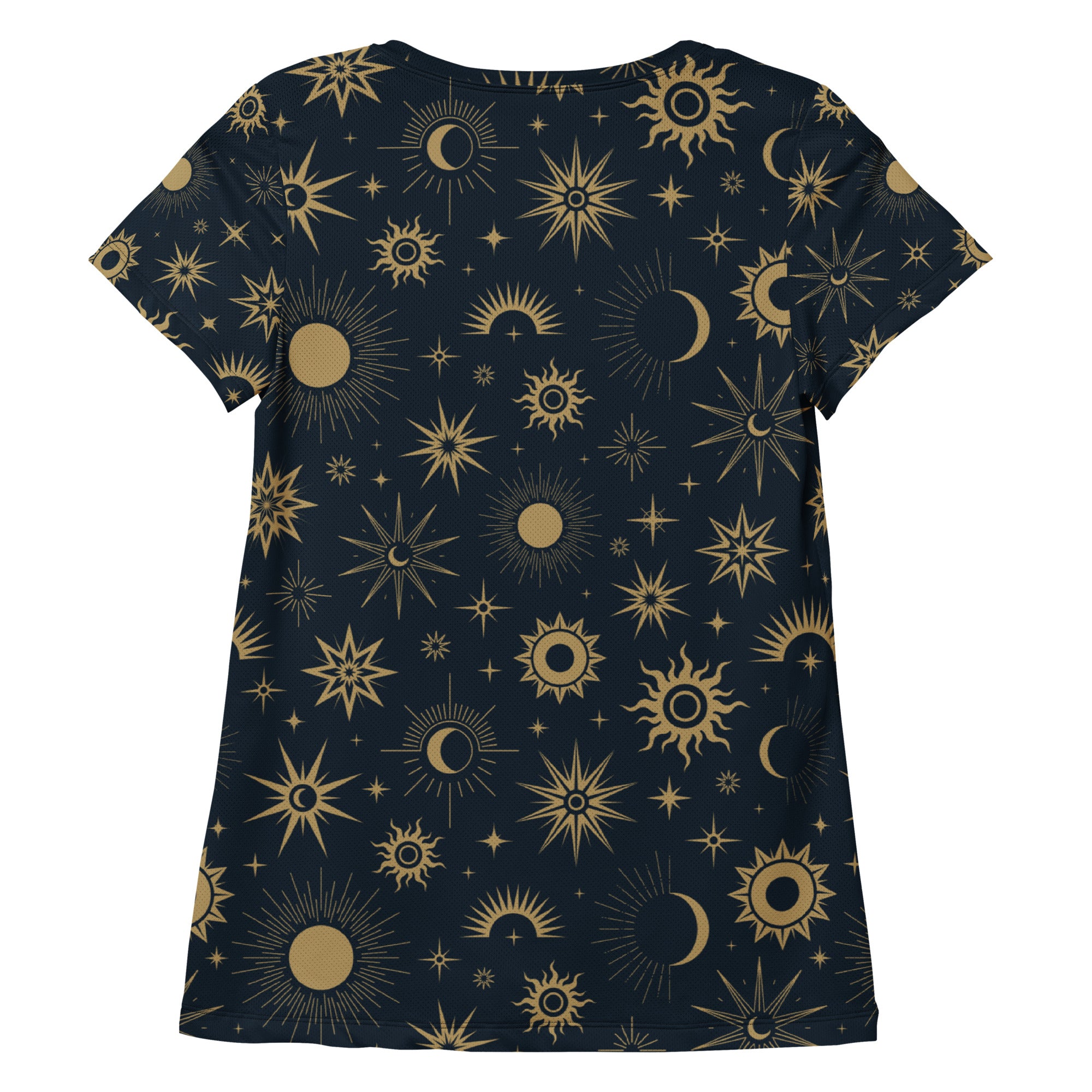 Women’s navy blue short-sleeved performance athletic t-shirt with gold celestial sun moon star pattern and UPF 50+ protection