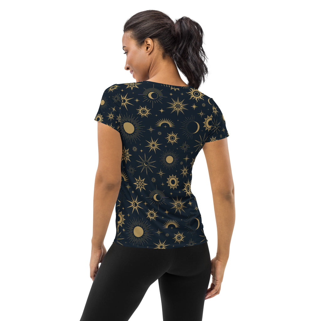 Women’s navy blue short-sleeved performance athletic t-shirt with gold sun moon star pattern lightweight moisture wicking