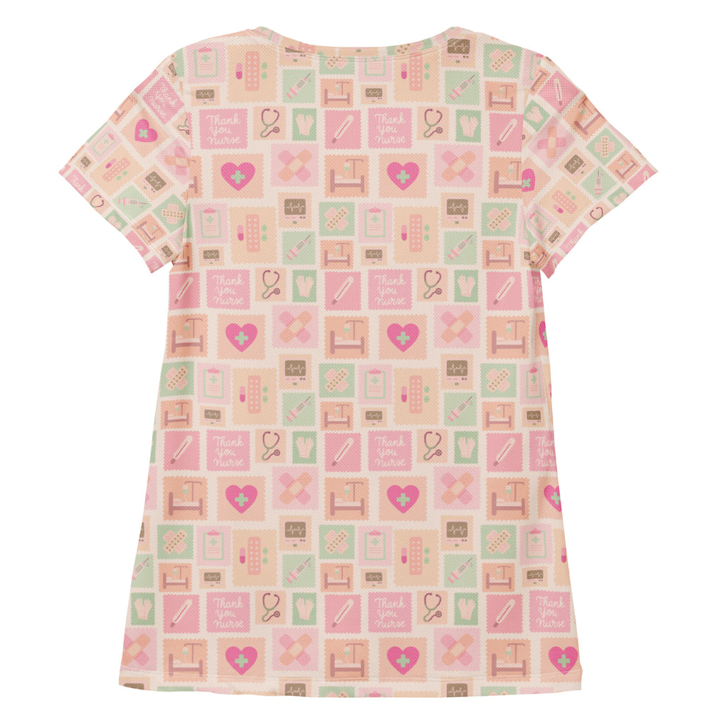 Women’s pink nurse icon performance athletic t-shirt in pink and mint green with medical-themed graphics and moisture wicking fabric