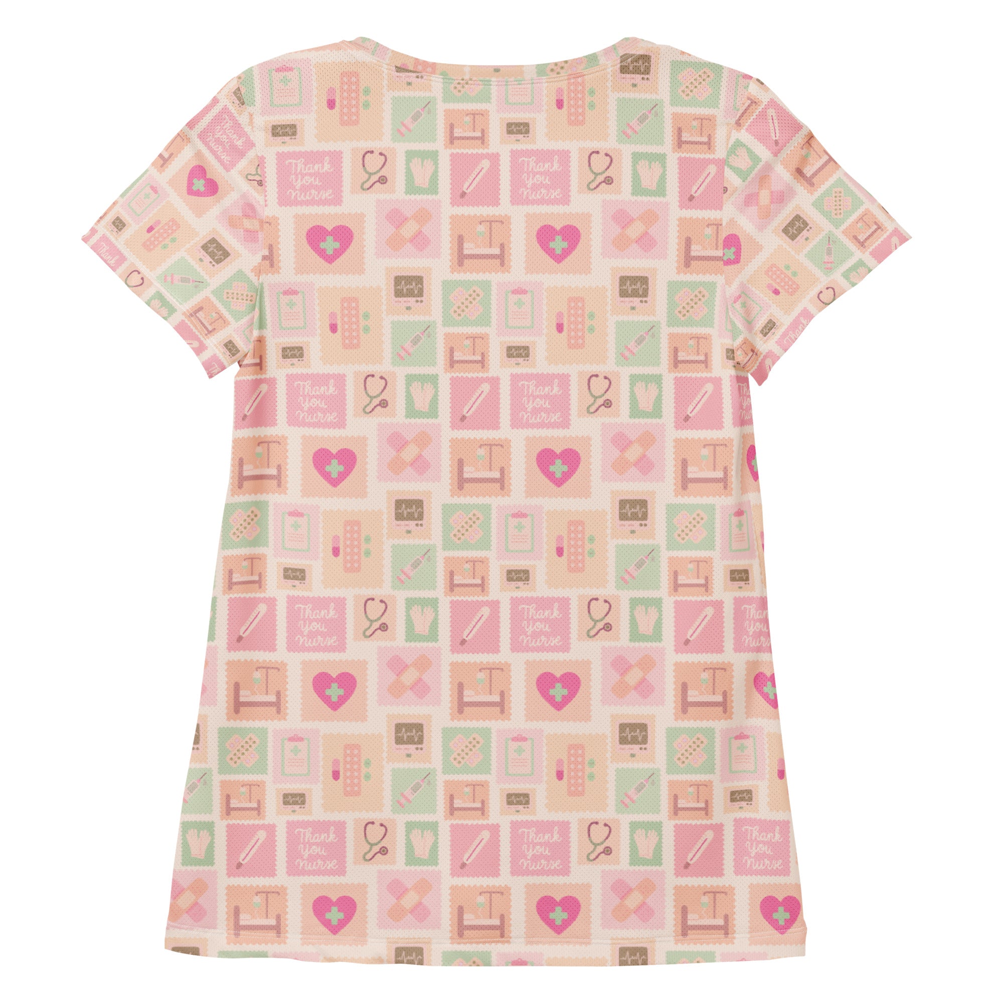 Women’s pink nurse icon performance athletic t-shirt in pink and mint green with medical-themed graphics and moisture wicking fabric