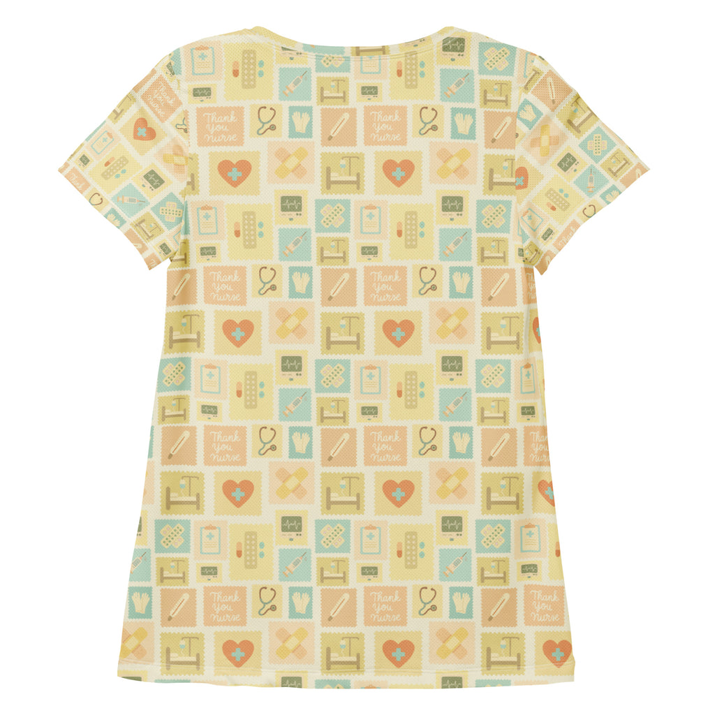 Women’s yellow nurse icon performance athletic t-shirt with soft short sleeves and playful medical icon pattern