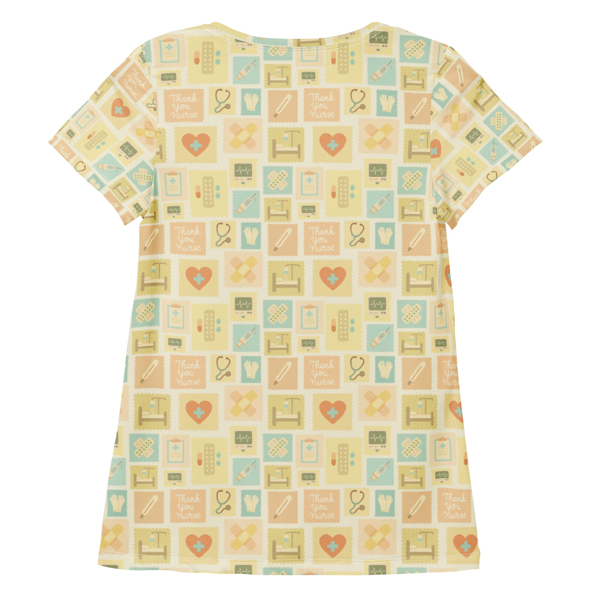 Women’s yellow nurse icon performance athletic t-shirt with soft short sleeves and playful medical icon pattern