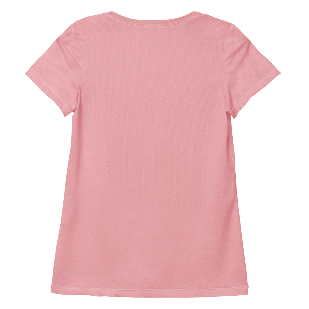 Women’s blush pink short-sleeved performance athletic t-shirt with subtle textured fabric and round neckline for workouts