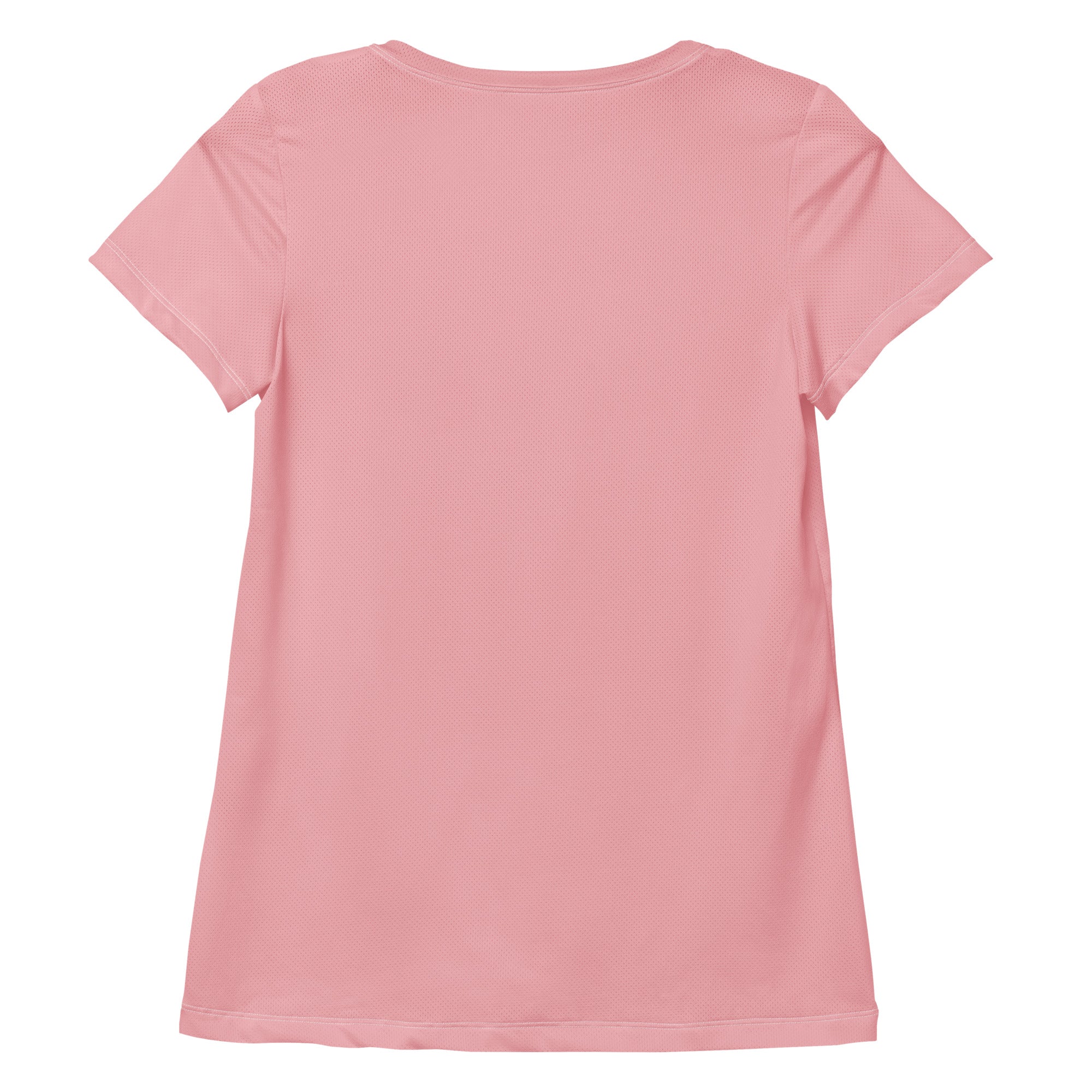 Women’s blush pink short-sleeved performance athletic t-shirt with subtle textured fabric and round neckline for workouts