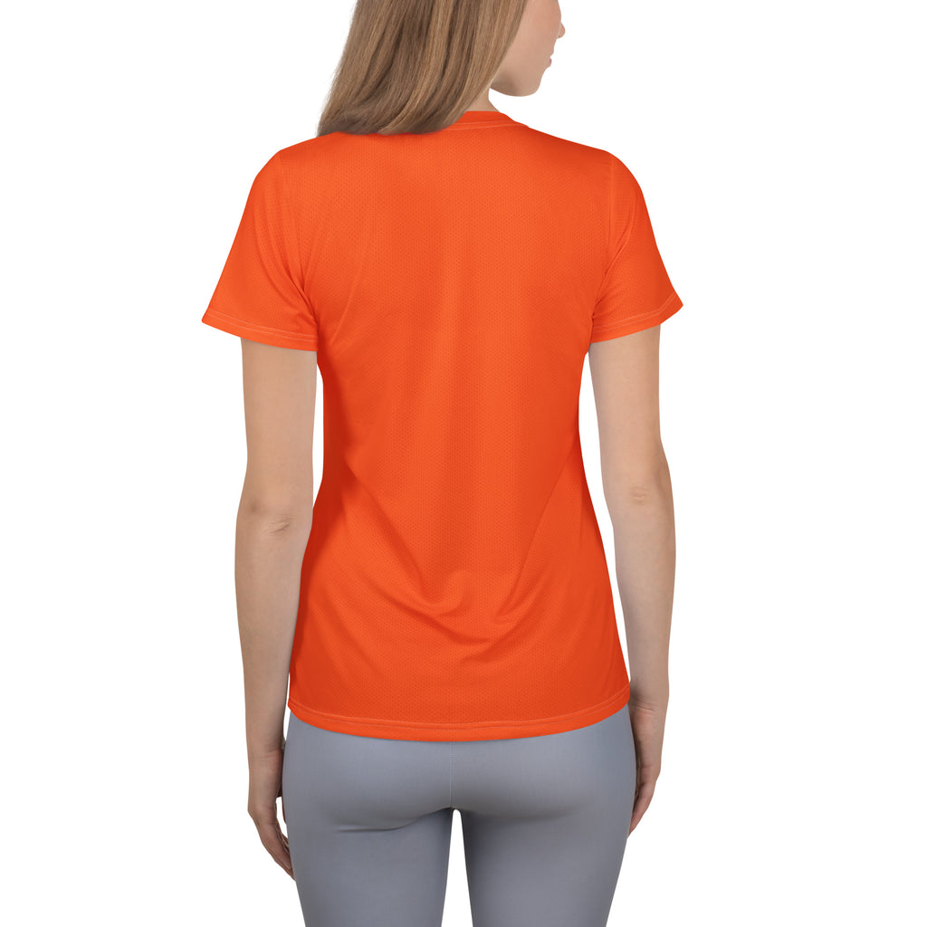 Women’s bright orange short-sleeved performance athletic t-shirt with lightweight moisture wicking fabric and UPF 50+ protection