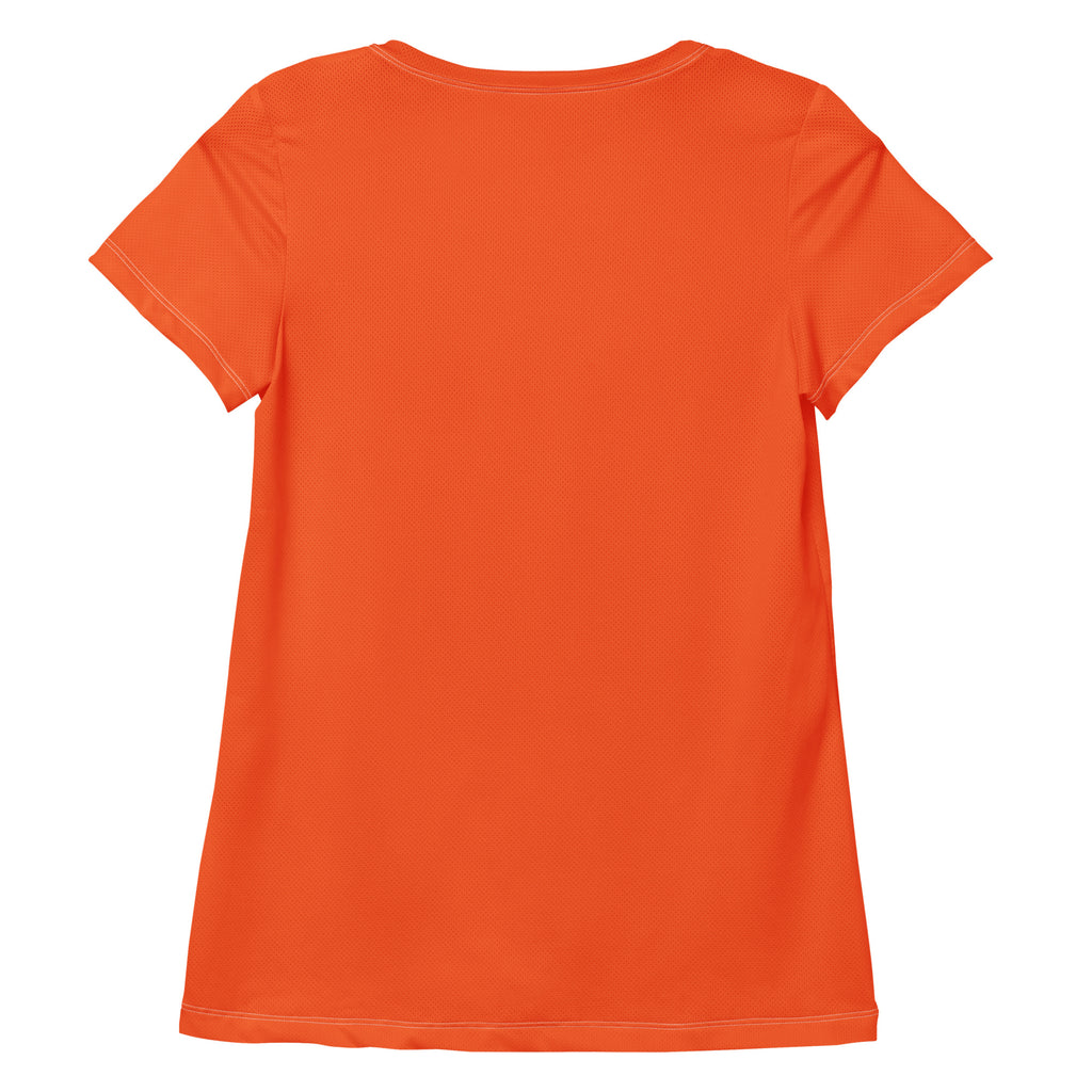 Women’s bright orange short-sleeved performance athletic t-shirt with subtle textured fabric and moisture wicking material