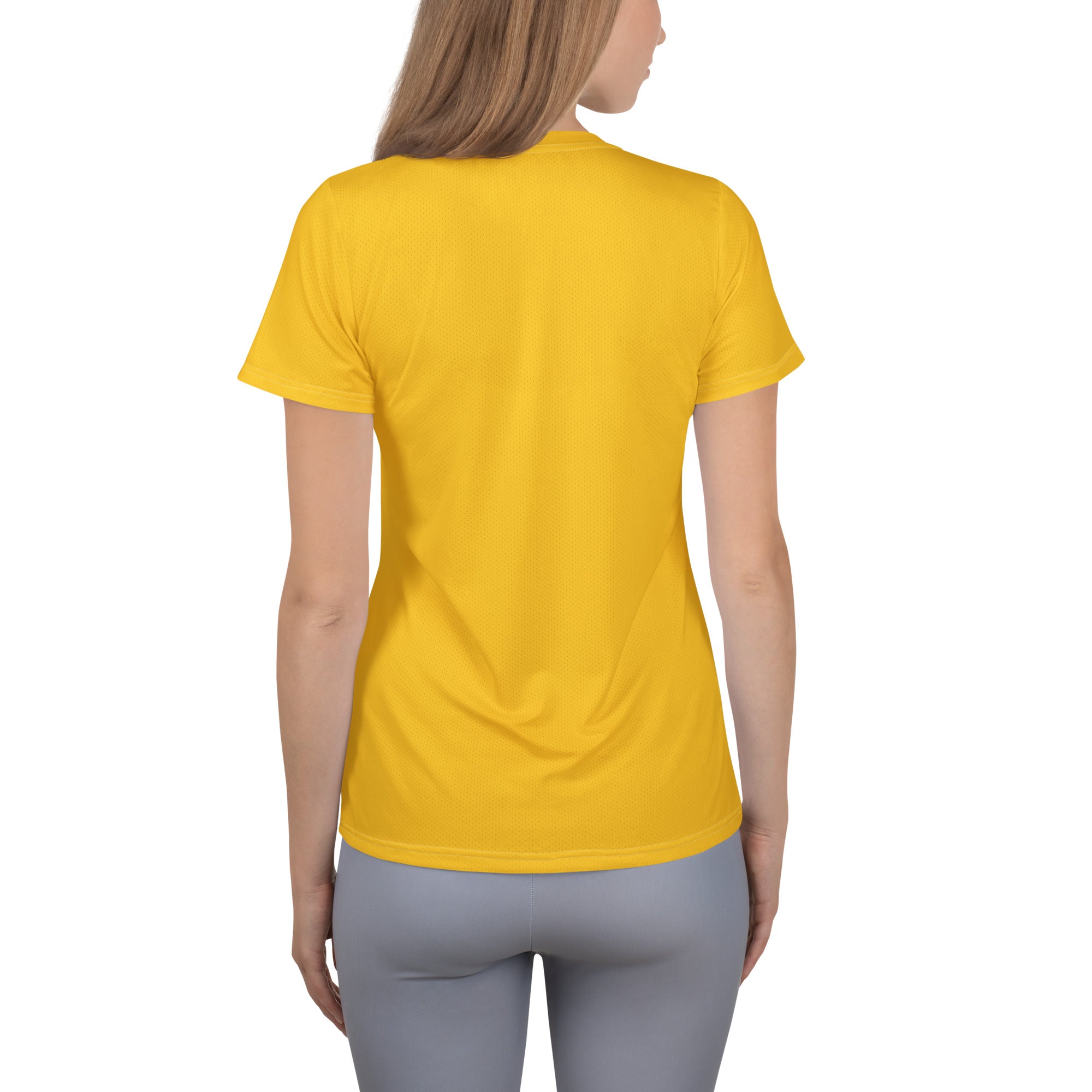 A vibrant yellow women’s short-sleeved performance athletic t-shirt with classic crew neck and moisture-wicking fabric