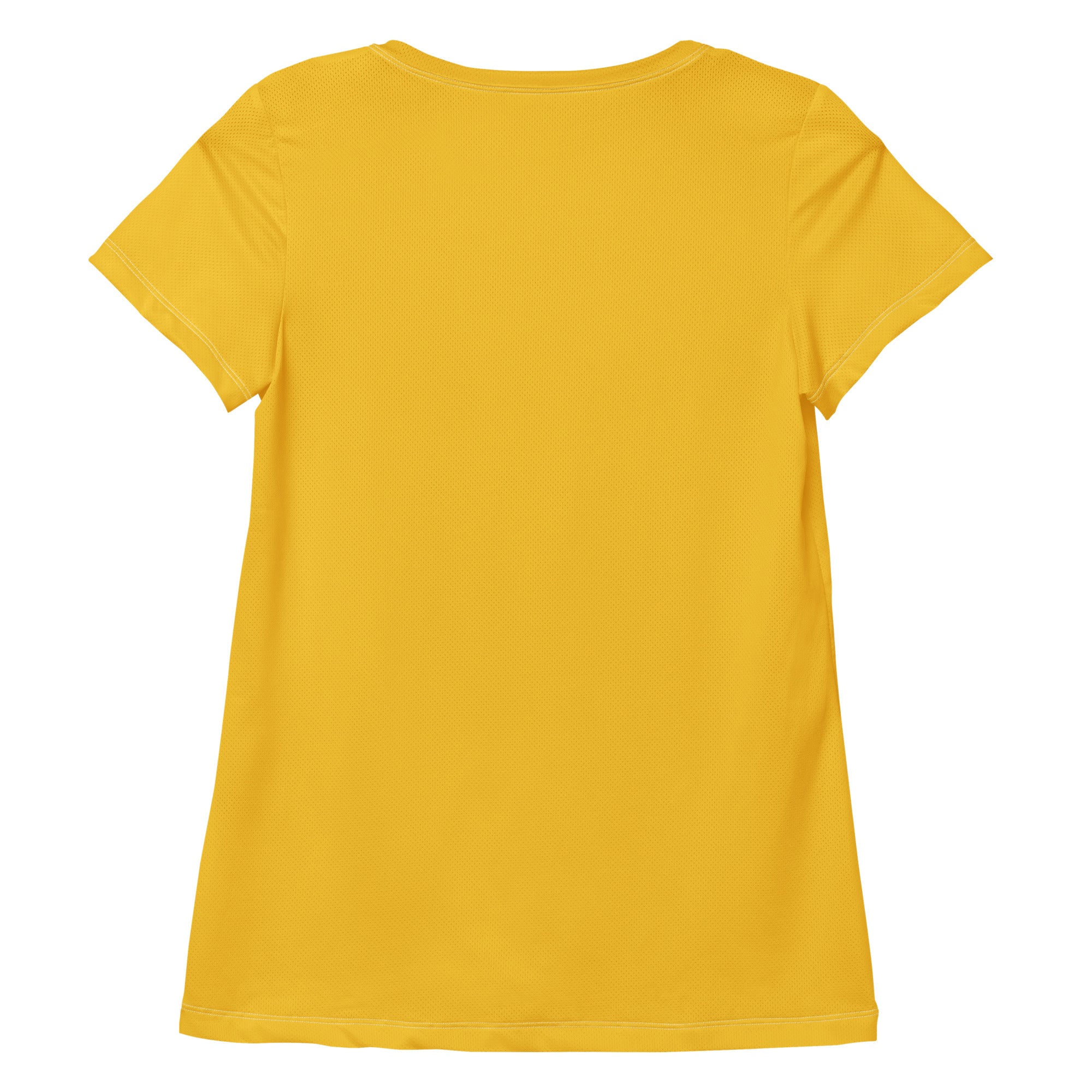 A solid yellow women’s performance athletic t-shirt with short sleeves lightweight moisture wicking and UPF 50+