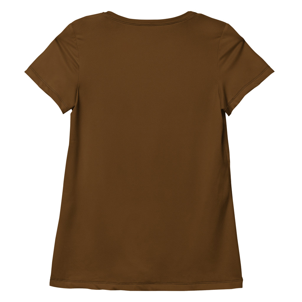 A solid brown short-sleeved women’s performance athletic t-shirt with lightweight moisture wicking fabric and UPF 50+