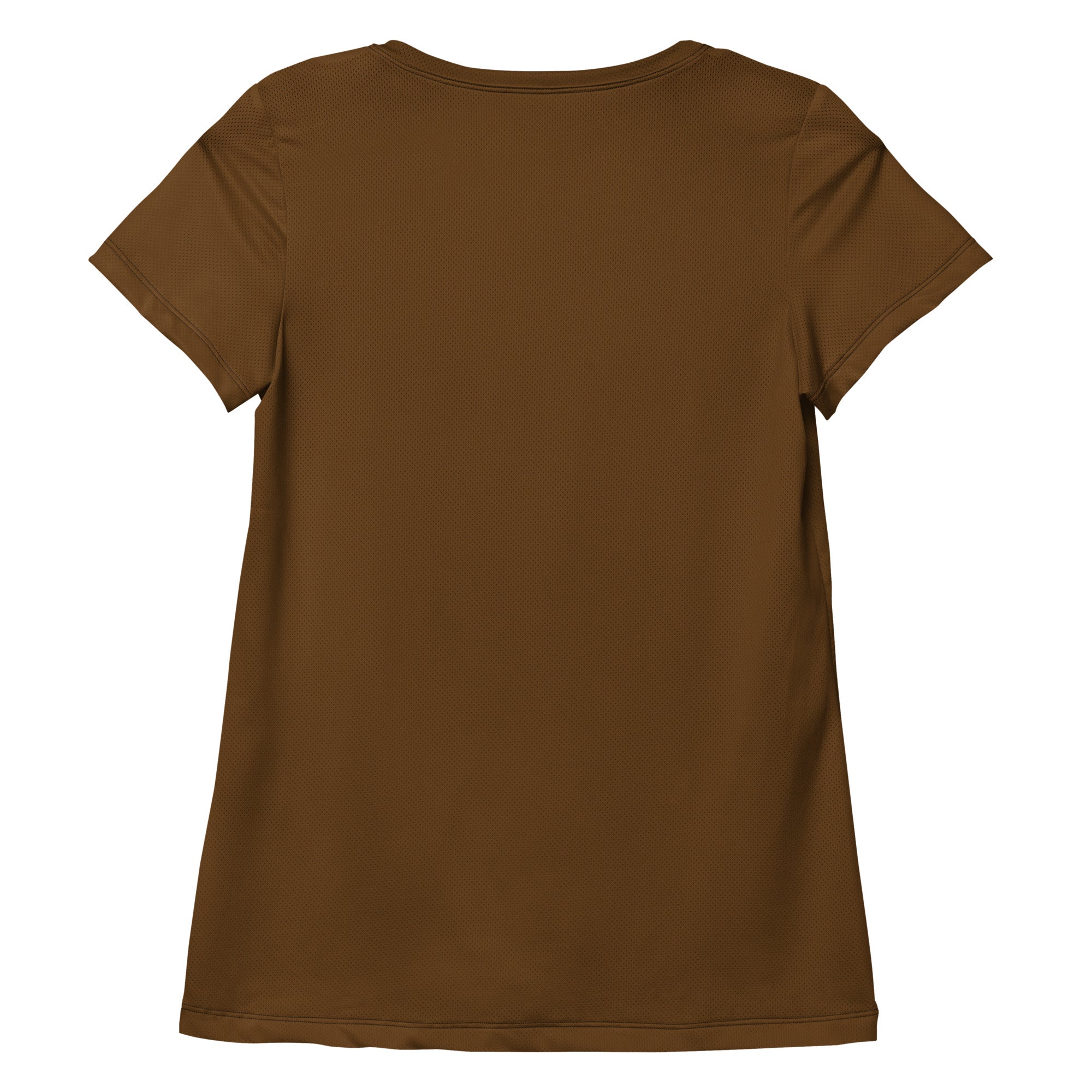 A solid brown short-sleeved women’s performance athletic t-shirt with lightweight moisture wicking fabric and UPF 50+