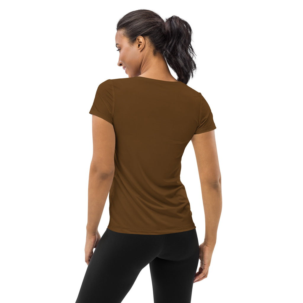 A fitted short-sleeved brown performance athletic t-shirt with rounded neckline lightweight moisture wicking design