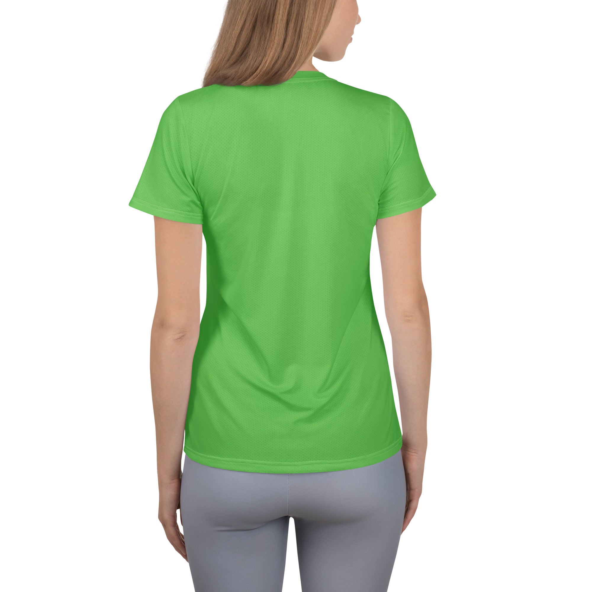 Bright green women’s performance athletic t-shirt with short sleeves crew neck lightweight moisture wicking fabric