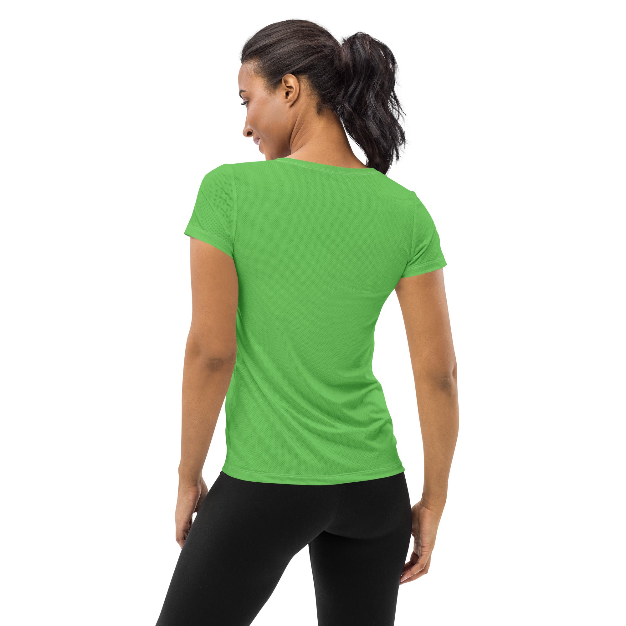 Women’s bright green short-sleeved performance athletic t-shirt with lightweight moisture wicking fabric and upf 50+ protection