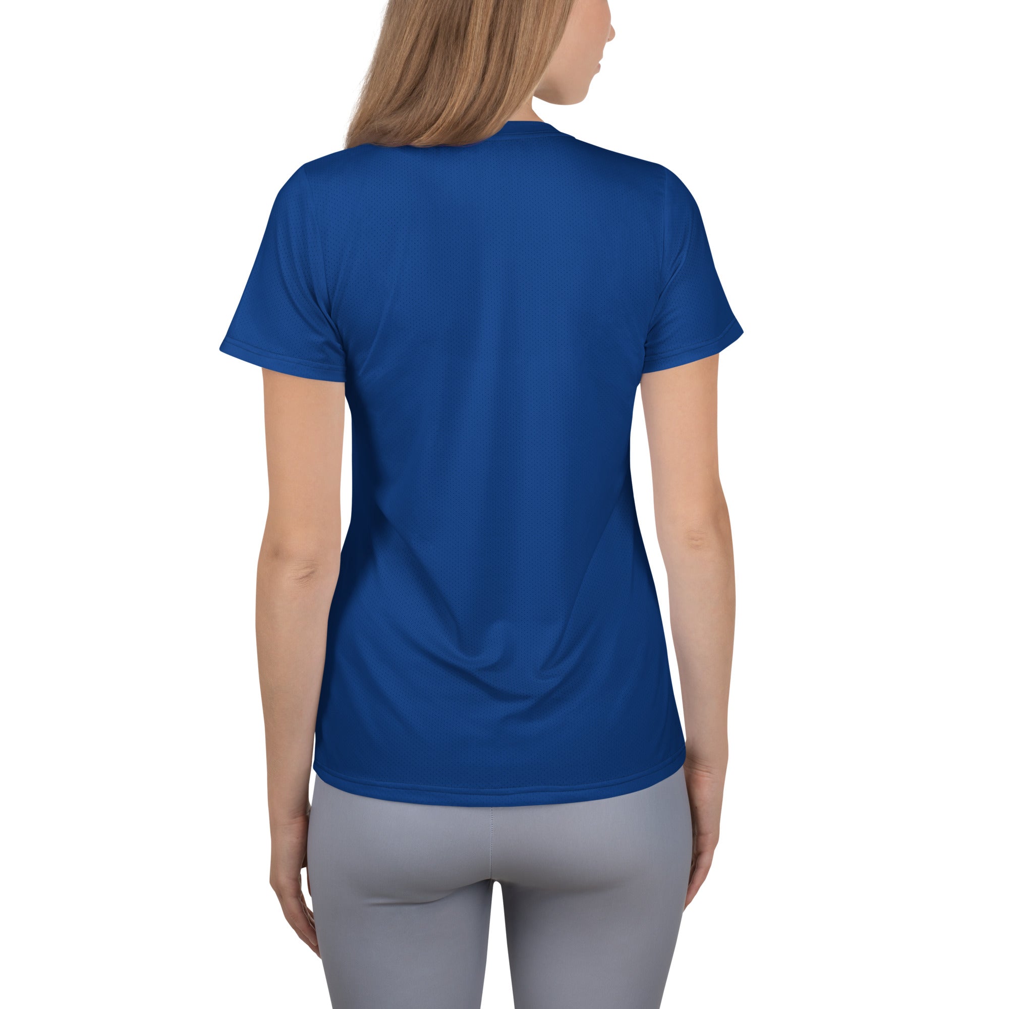 A solid royal blue short-sleeved women’s performance athletic t-shirt with moisture-wicking fabric and UPF 50+ protection
