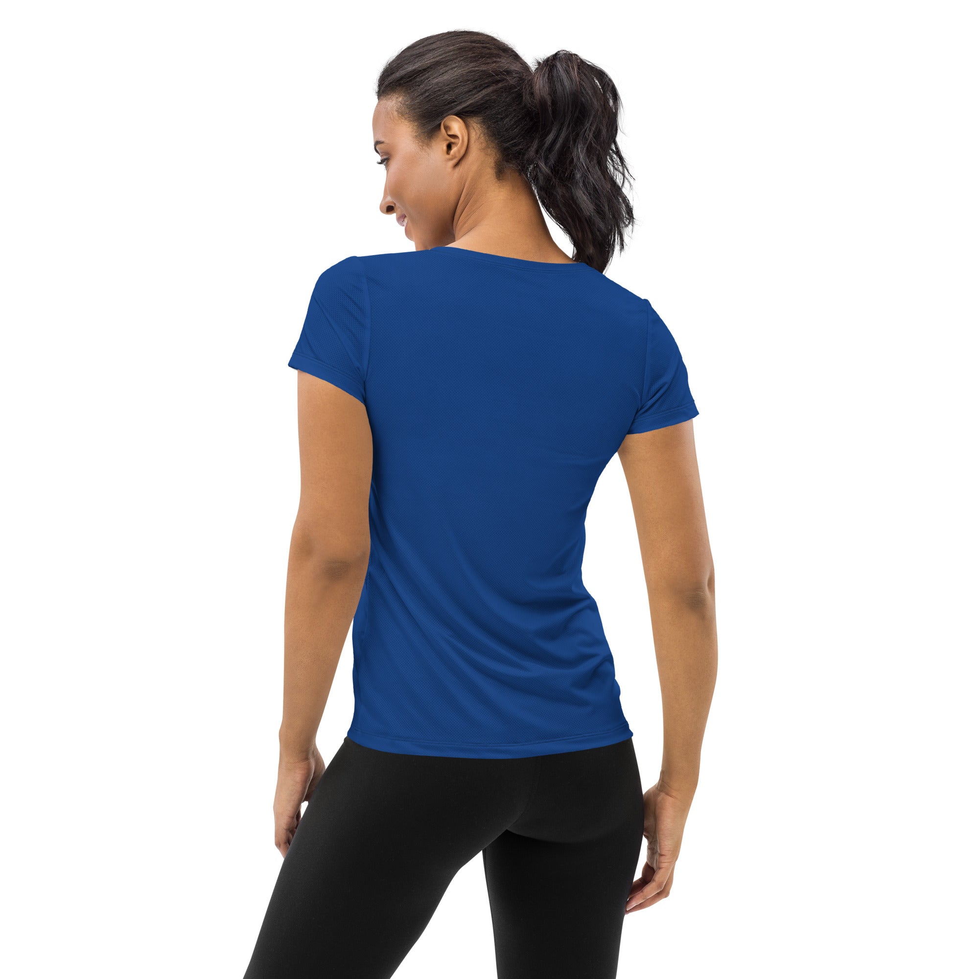 A vibrant royal blue women’s short-sleeved performance athletic t-shirt with smooth fitted fabric and moisture wicking