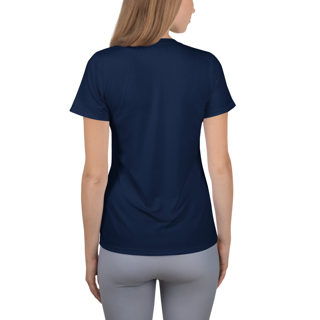 Women’s navy blue short-sleeved performance athletic t-shirt with moisture wicking fabric and UPF 50 plus protection