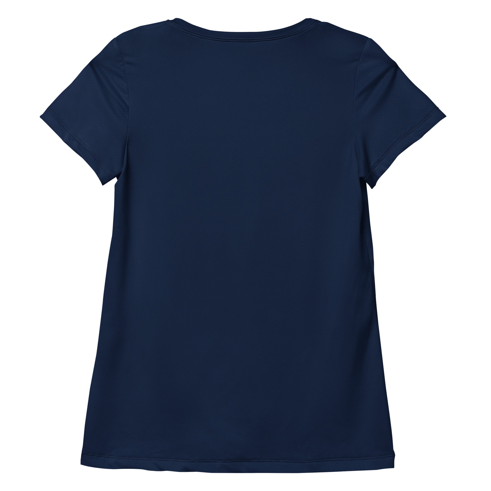 Women’s navy blue short-sleeved performance athletic t-shirt with lightweight moisture wicking fabric and upf 50+ protection