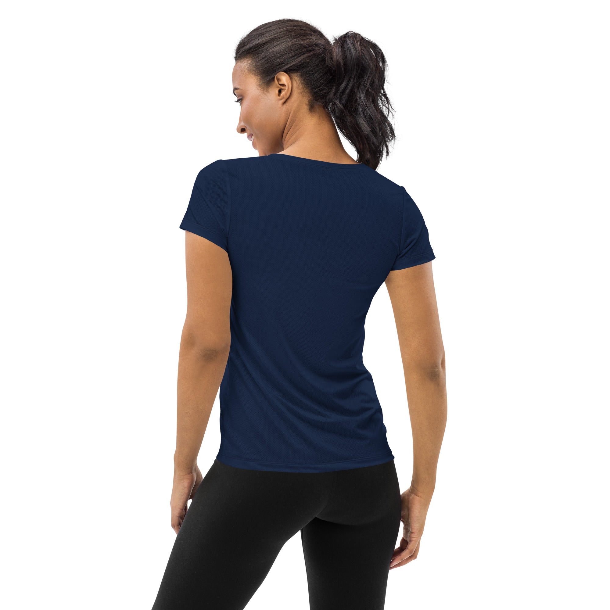 Women’s navy blue short-sleeved performance t-shirt with lightweight moisture wicking fabric for workouts
