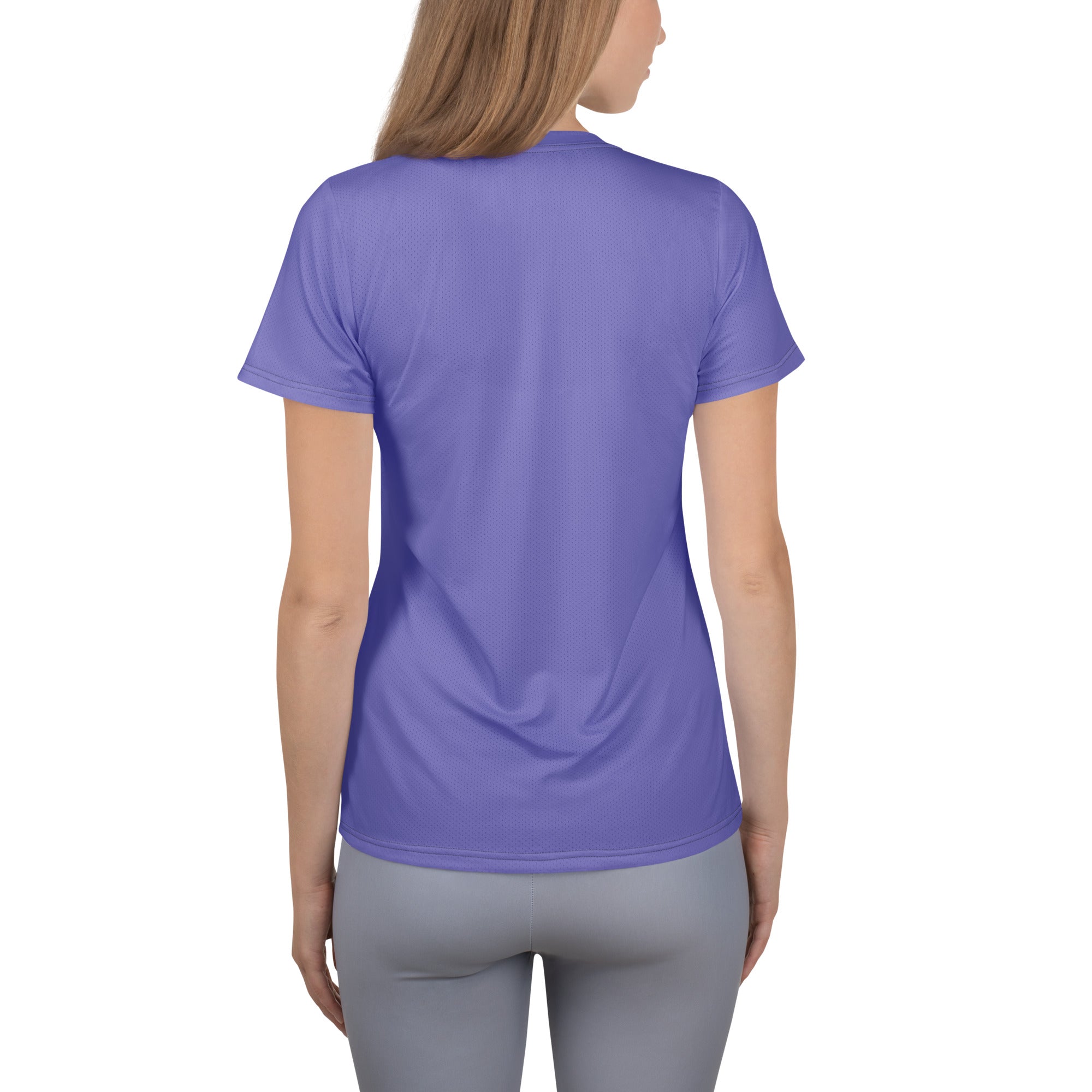 A solid lavender women’s performance athletic t-shirt with short sleeves lightweight moisture wicking and UPF 50+
