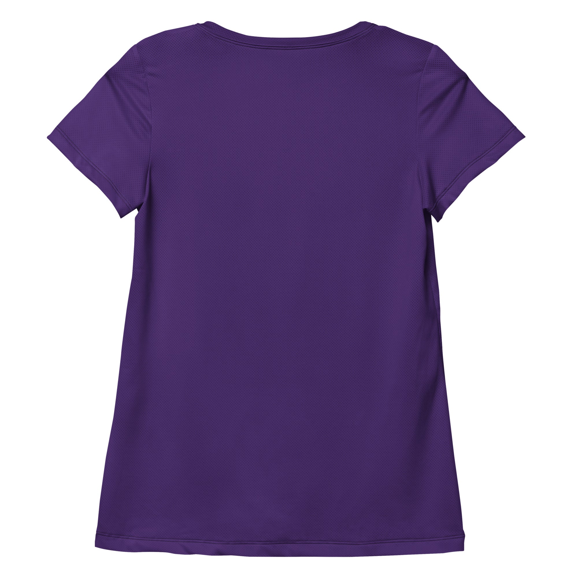Women’s dark purple short-sleeved performance athletic t-shirt with crew neck and subtle textured fabric for workouts