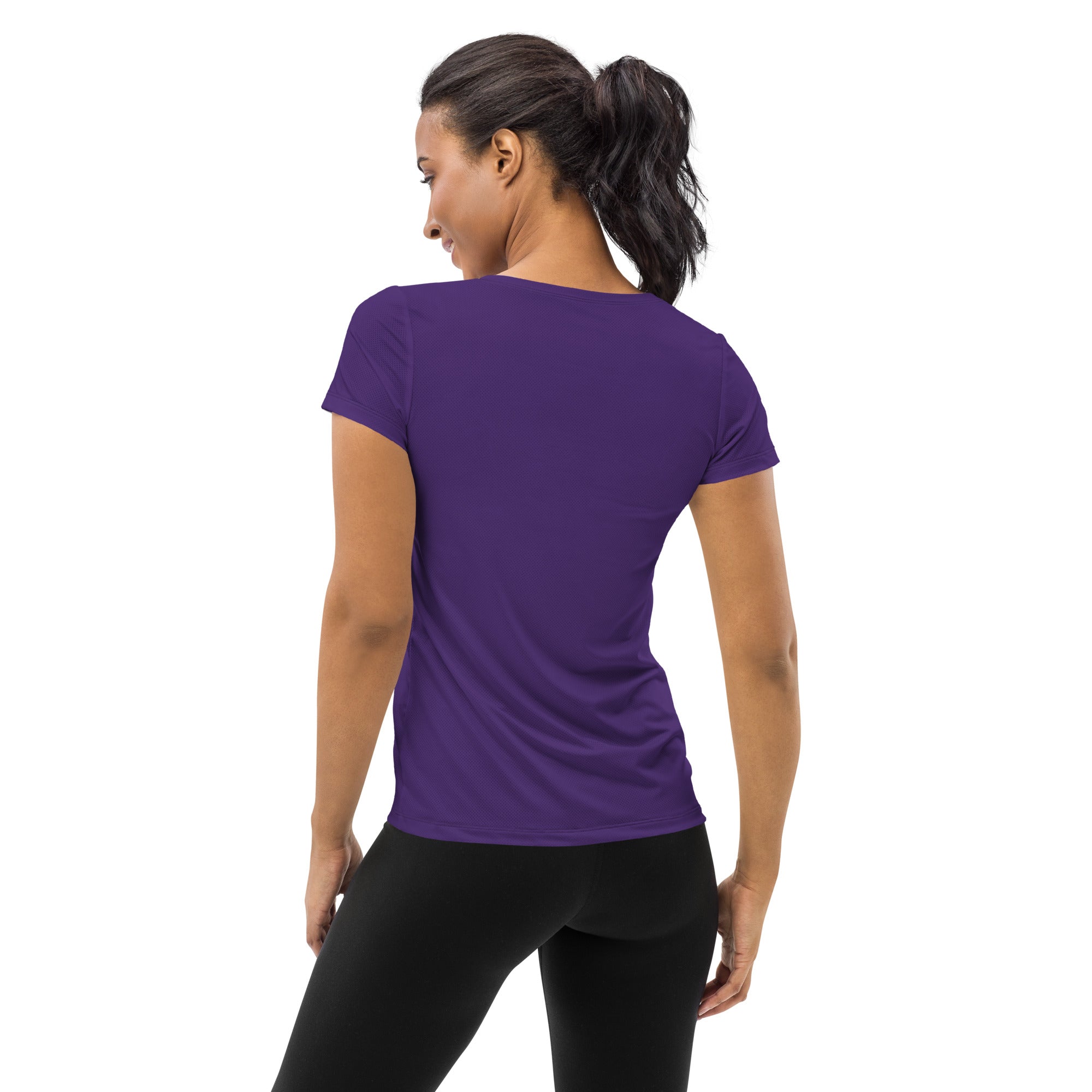 Women’s dark purple solid short-sleeved performance athletic t-shirt with rounded neckline and moisture wicking fabric