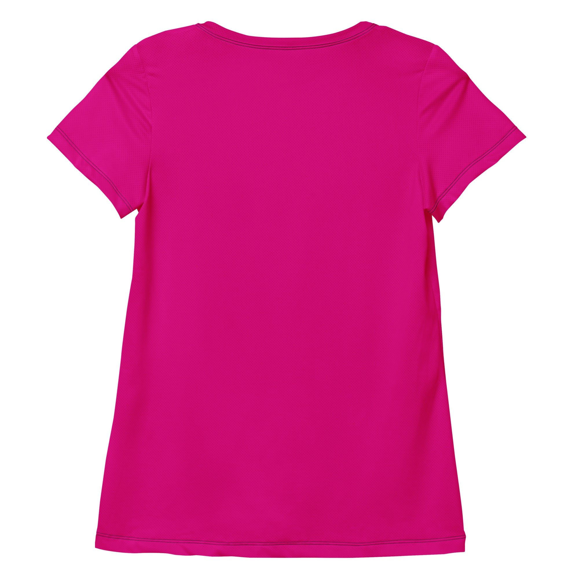 A vibrant fuchsia women’s short-sleeved performance t-shirt with a crew neck and lightweight moisture-wicking fabric