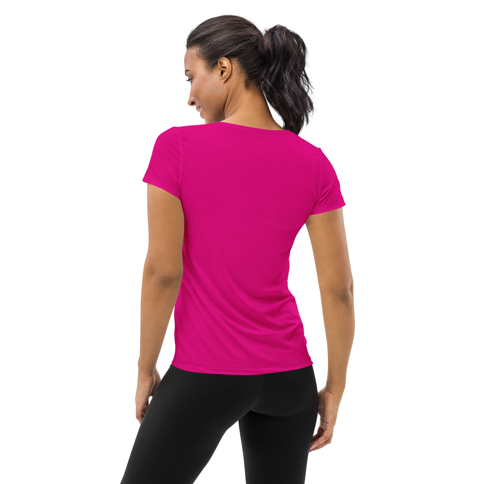 A vibrant fuchsia short-sleeved women’s performance t-shirt with smooth fitted fabric for lightweight moisture wicking
