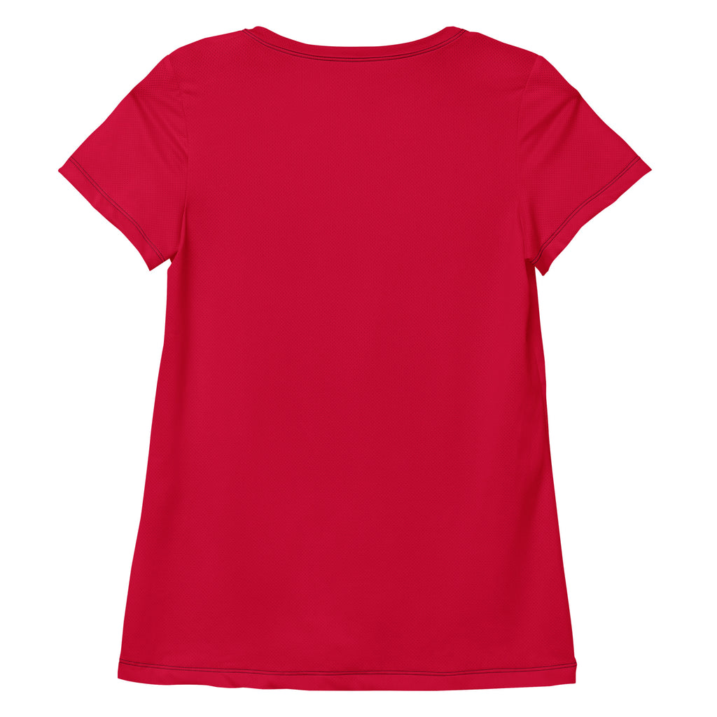 A vibrant red short-sleeved women’s performance t-shirt with lightweight moisture-wicking fabric and UPF 50 plus protection