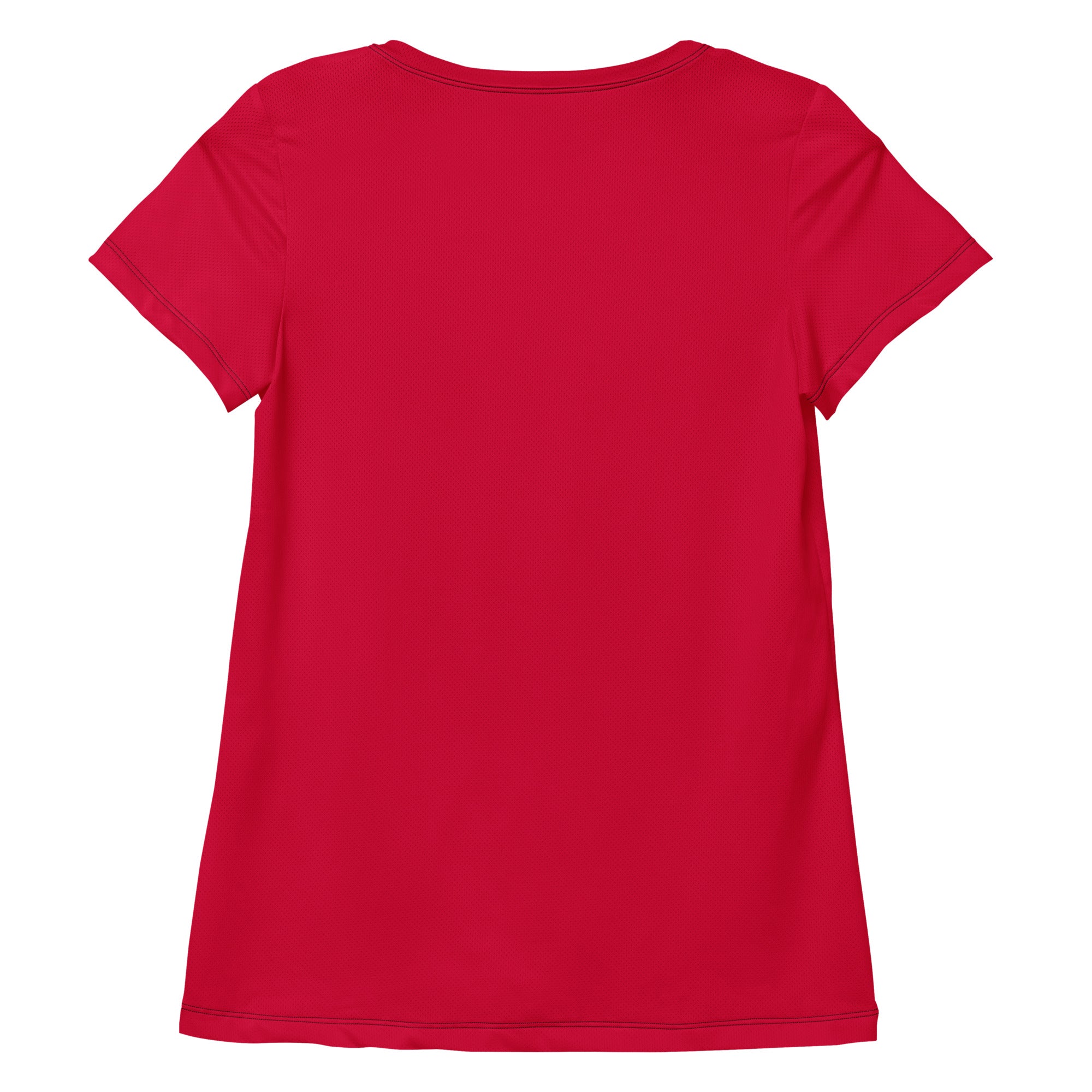 A vibrant red short-sleeved women’s performance t-shirt with lightweight moisture-wicking fabric and UPF 50 plus protection