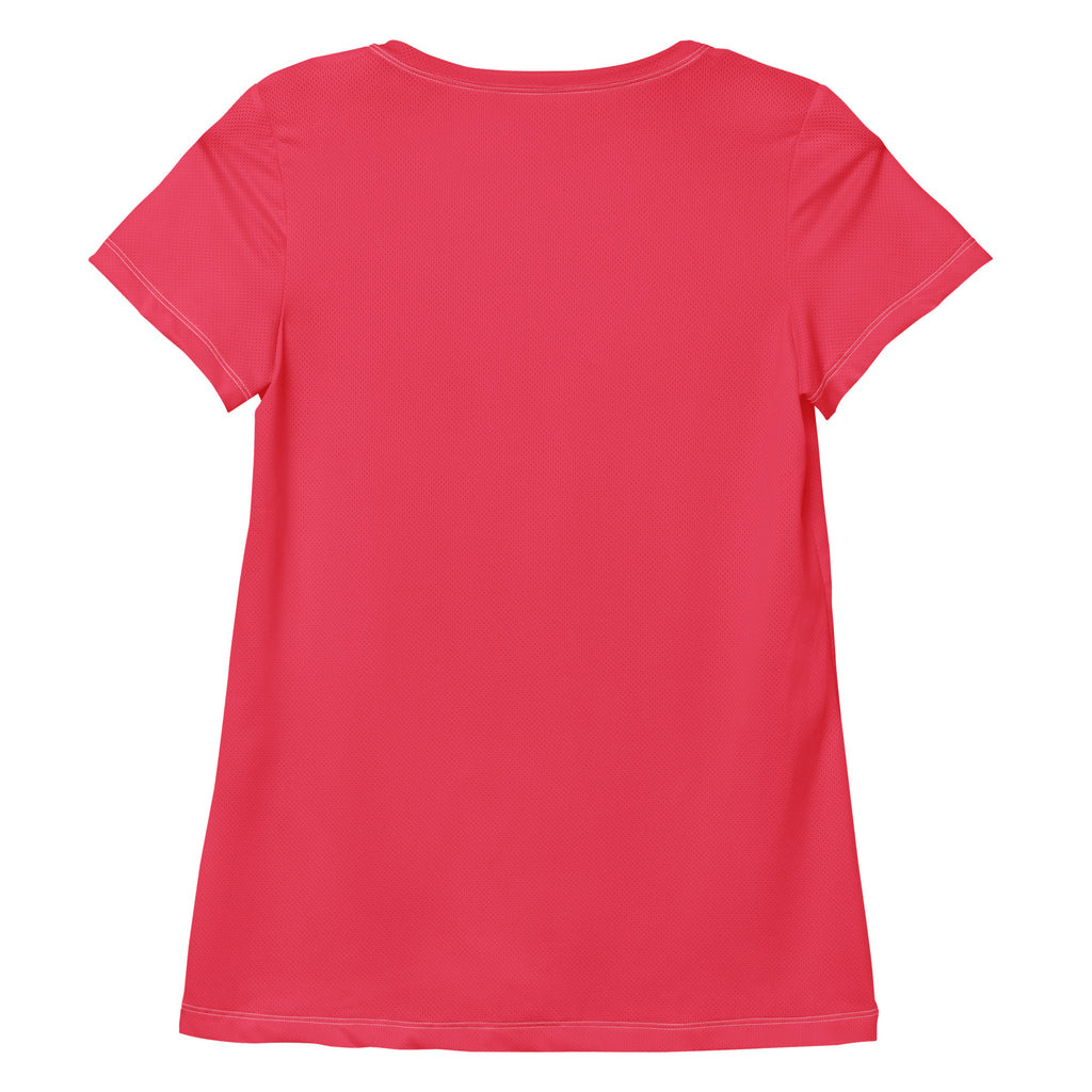A vibrant coral pink short-sleeved performance t-shirt with moisture wicking fabric and UPF 50 plus protection