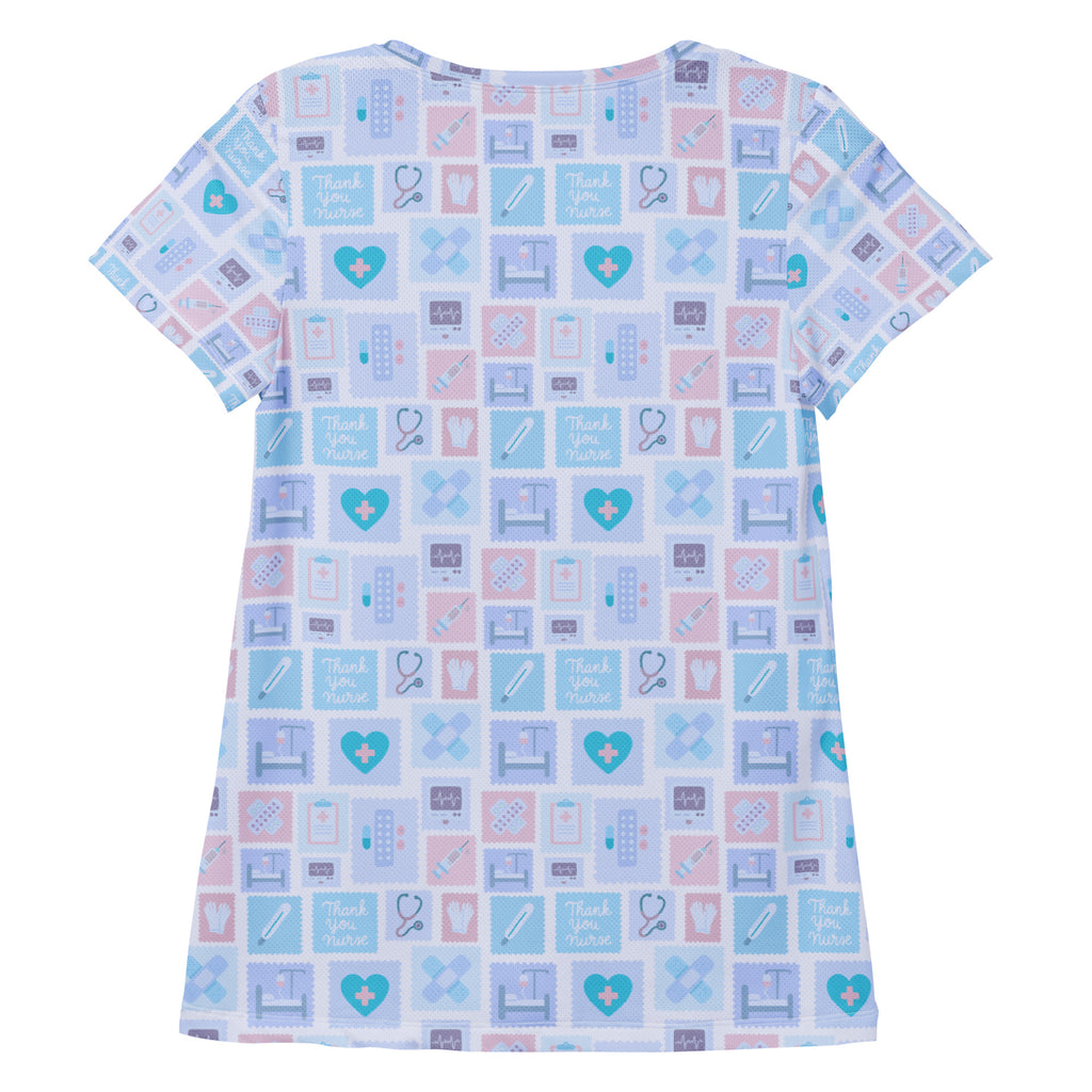 Women’s blue nurse icon performance short-sleeved t-shirt with pastel medical graphics lightweight and moisture wicking