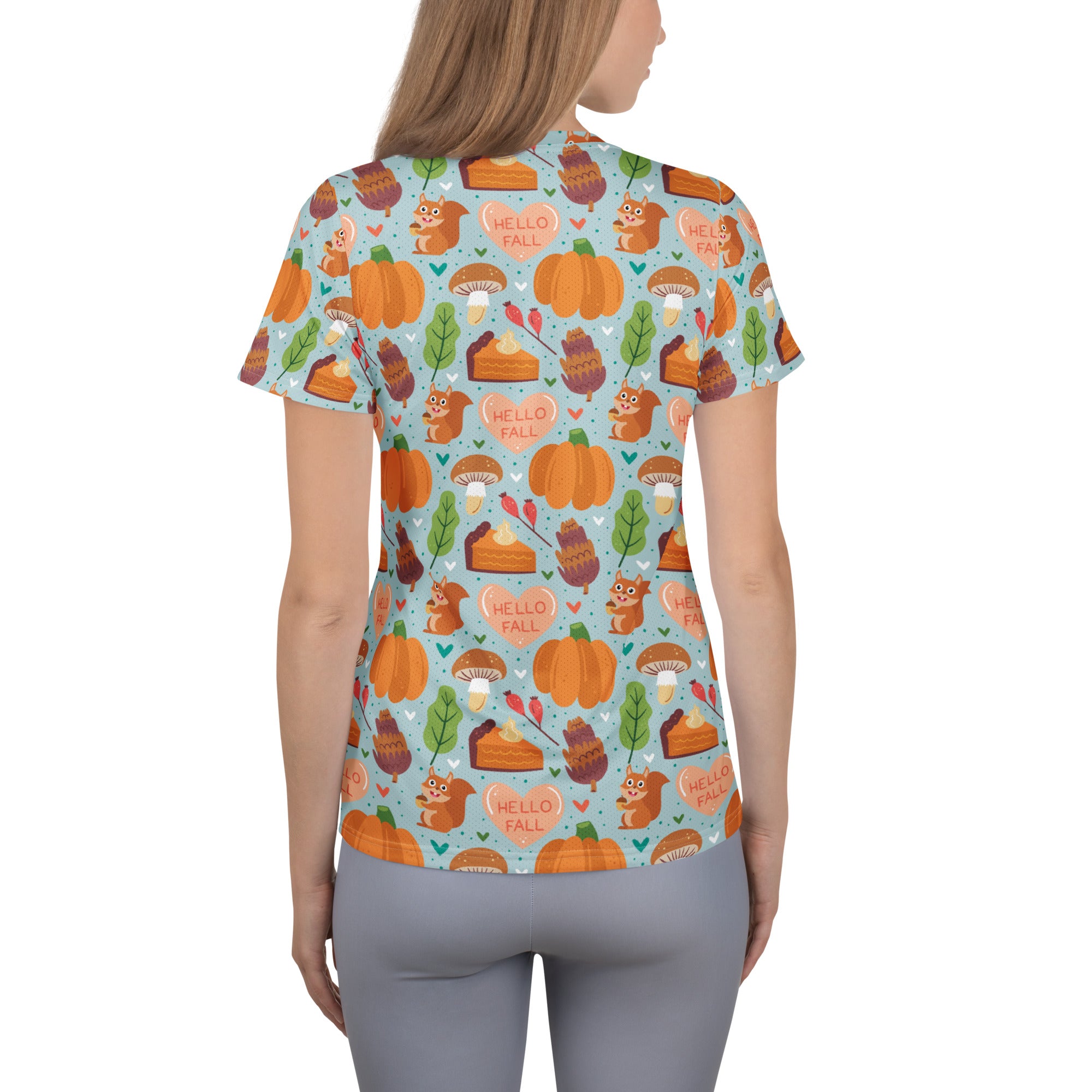 Women’s 'Hello Fall' Autumn Performance Athletic T-Shirt - Lightweight Moisture Wicking Workout Top with UPF 50+