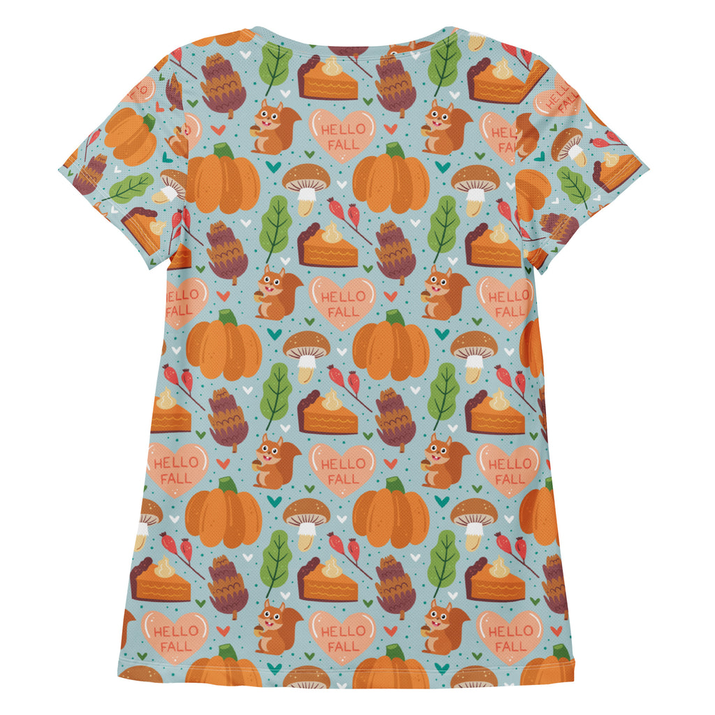 Women’s 'Hello Fall' Autumn Performance Athletic T-Shirt - Lightweight Moisture Wicking Workout Top with UPF 50+