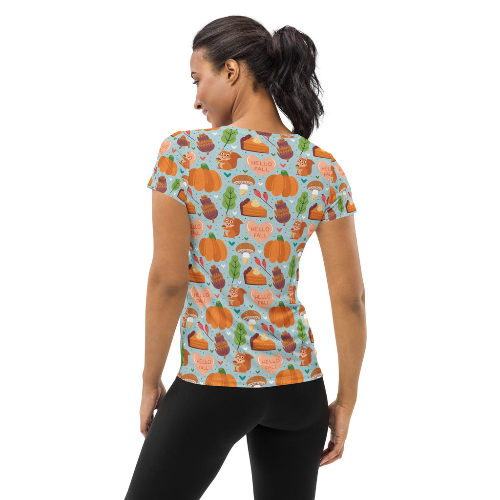 Women’s 'Hello Fall' Autumn Performance Athletic T-Shirt - Lightweight Moisture Wicking Workout Top with UPF 50+