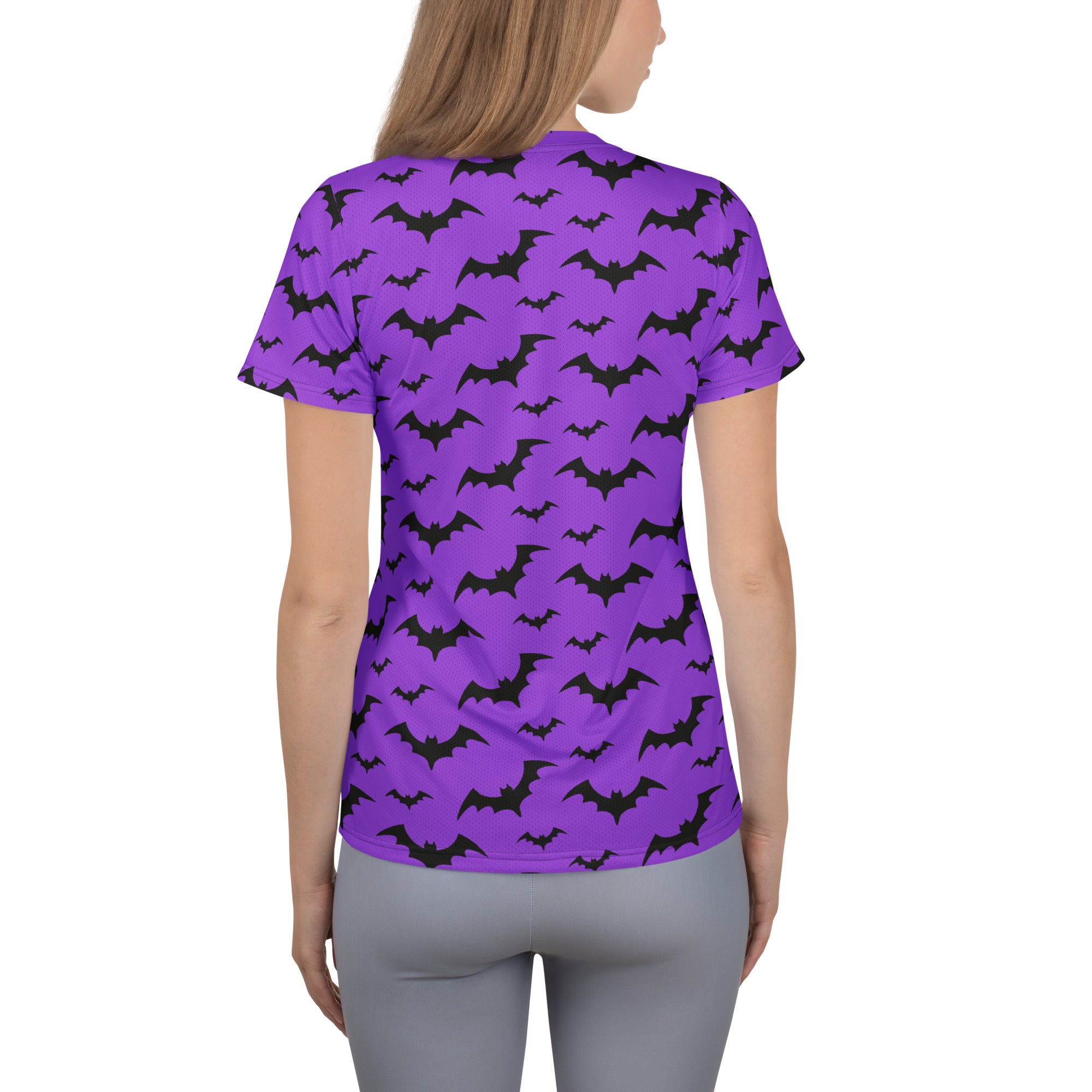 Women’s Purple Bats Halloween Performance Athletic T-Shirt - Lightweight Moisture Wicking Workout Top with UPF 50+