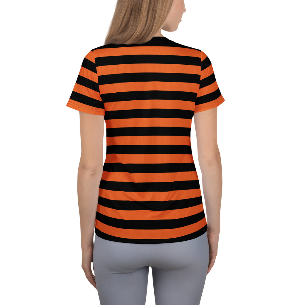 Women’s Orange and Black Halloween Striped Performance Athletic T-Shirt - Lightweight Moisture Wicking Workout Top with UPF 50+