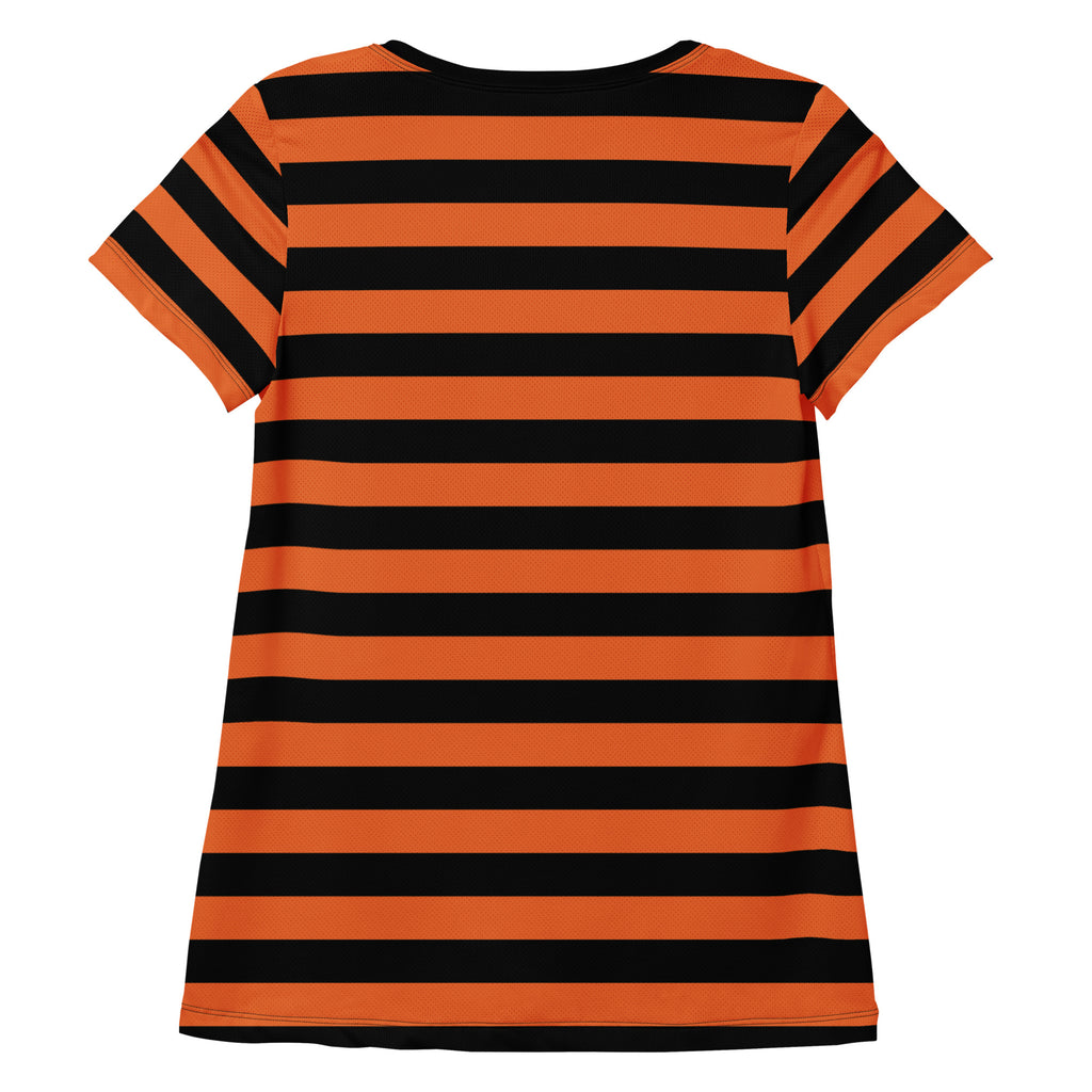Women’s Orange and Black Halloween Striped Performance Athletic T-Shirt - Lightweight Moisture Wicking Workout Top with UPF 50+