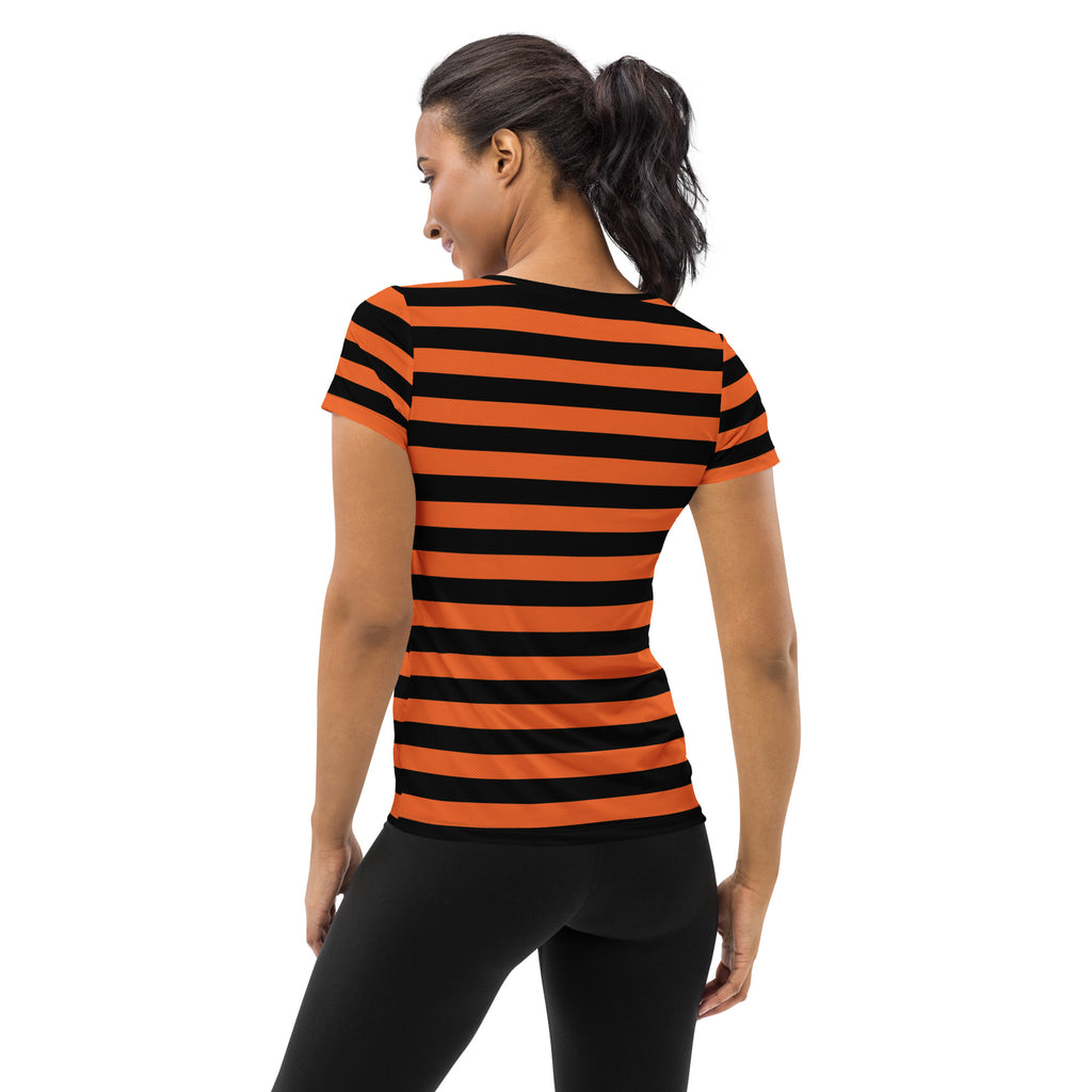 Women’s Orange and Black Halloween Striped Performance Athletic T-Shirt - Lightweight Moisture Wicking Workout Top with UPF 50+