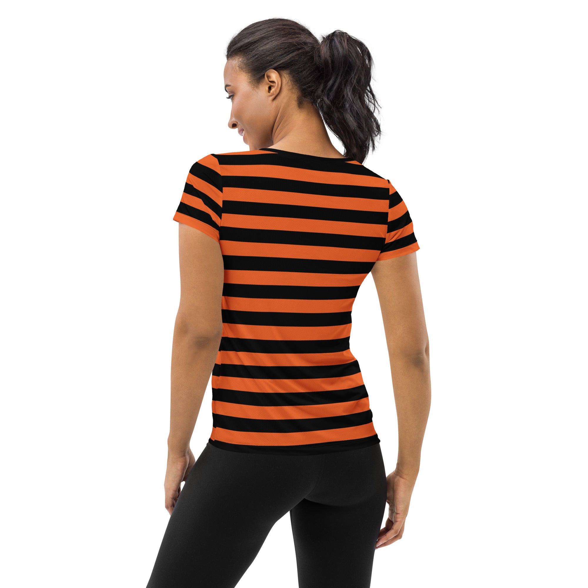 Women’s Orange and Black Halloween Striped Performance Athletic T-Shirt - Lightweight Moisture Wicking Workout Top with UPF 50+