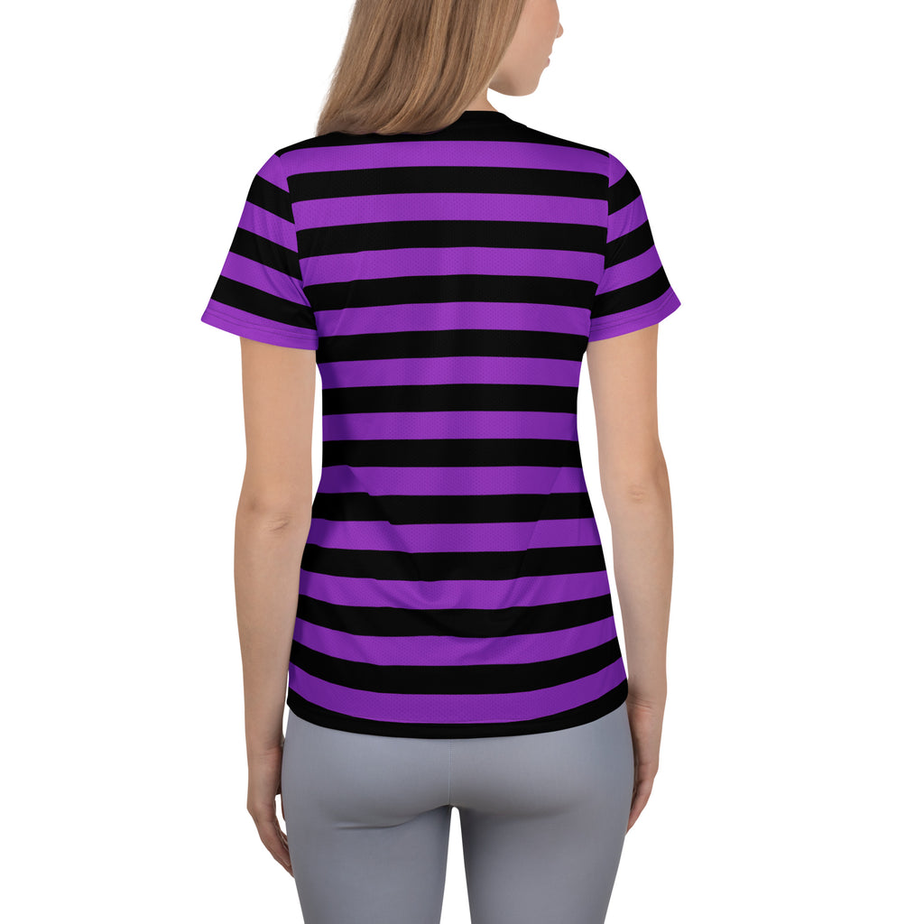 Women’s Purple and Black Halloween Striped Performance Athletic T-Shirt - Lightweight Moisture Wicking Workout Top with UPF 50+