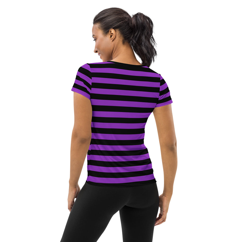 Women’s Purple and Black Halloween Striped Performance Athletic T-Shirt - Lightweight Moisture Wicking Workout Top with UPF 50+