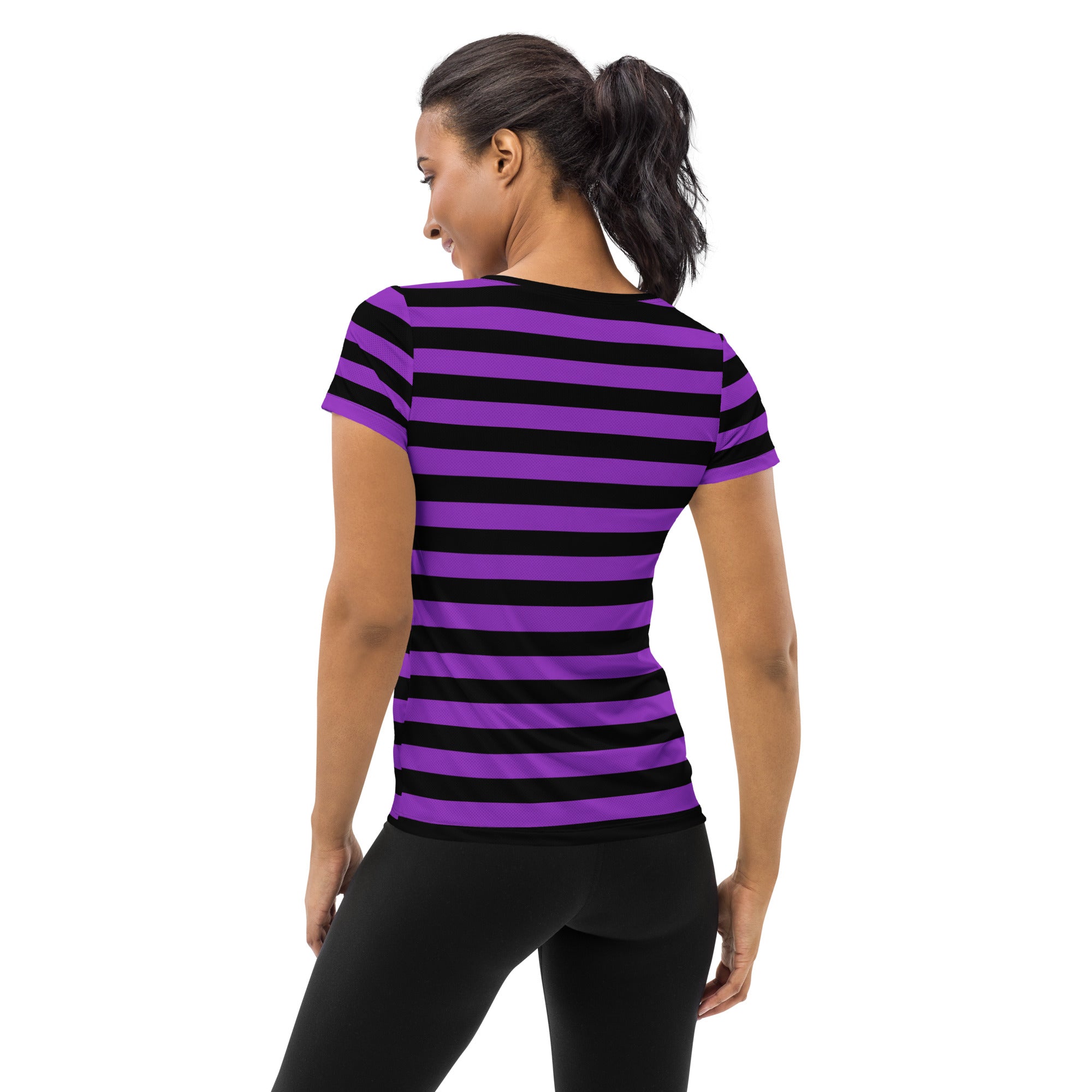 Women’s Purple and Black Halloween Striped Performance Athletic T-Shirt - Lightweight Moisture Wicking Workout Top with UPF 50+