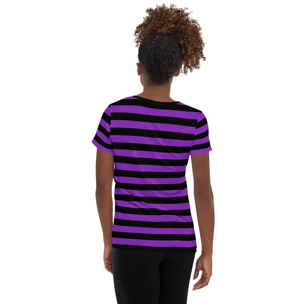 Women’s Purple and Black Halloween Striped Performance Athletic T-Shirt - Lightweight Moisture Wicking Workout Top with UPF 50+