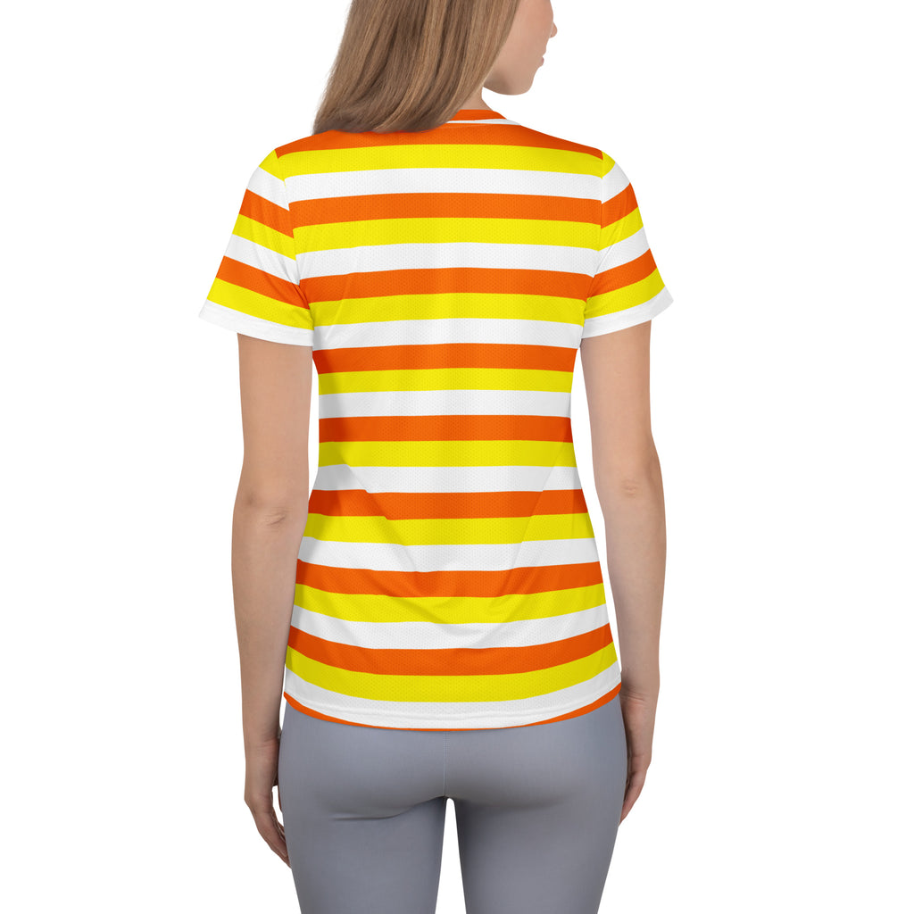 Women’s Candy Corn Stripes Performance Athletic T-Shirt - Lightweight Moisture Wicking Workout Top with UPF 50+