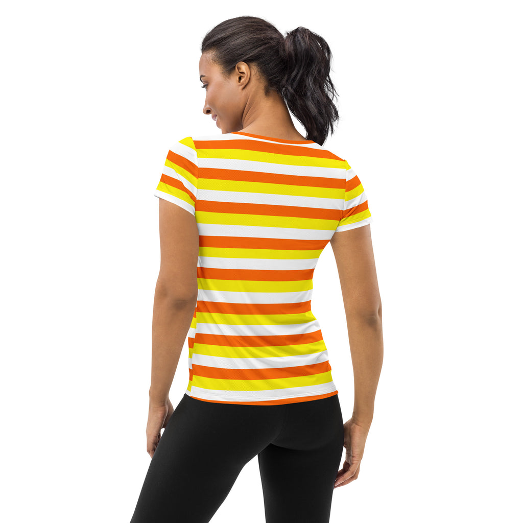 Women’s Candy Corn Stripes Performance Athletic T-Shirt - Lightweight Moisture Wicking Workout Top with UPF 50+