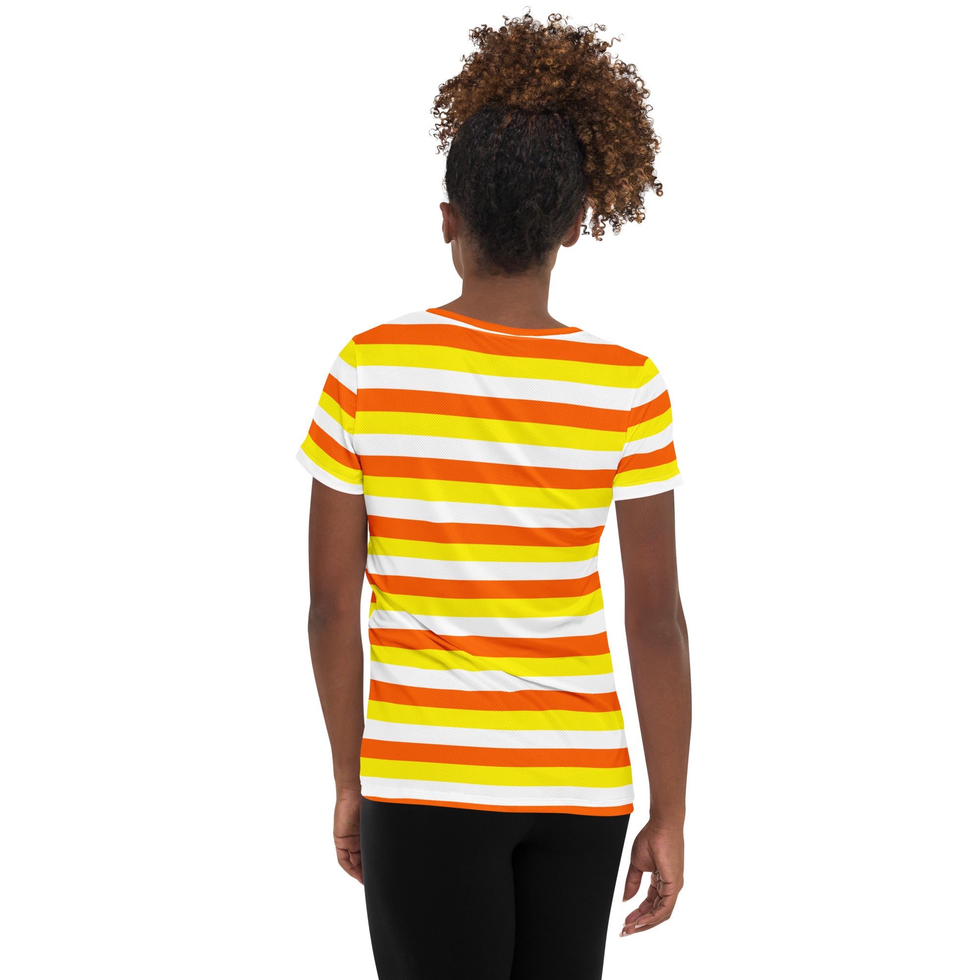 Women’s Candy Corn Stripes Performance Athletic T-Shirt - Lightweight Moisture Wicking Workout Top with UPF 50+
