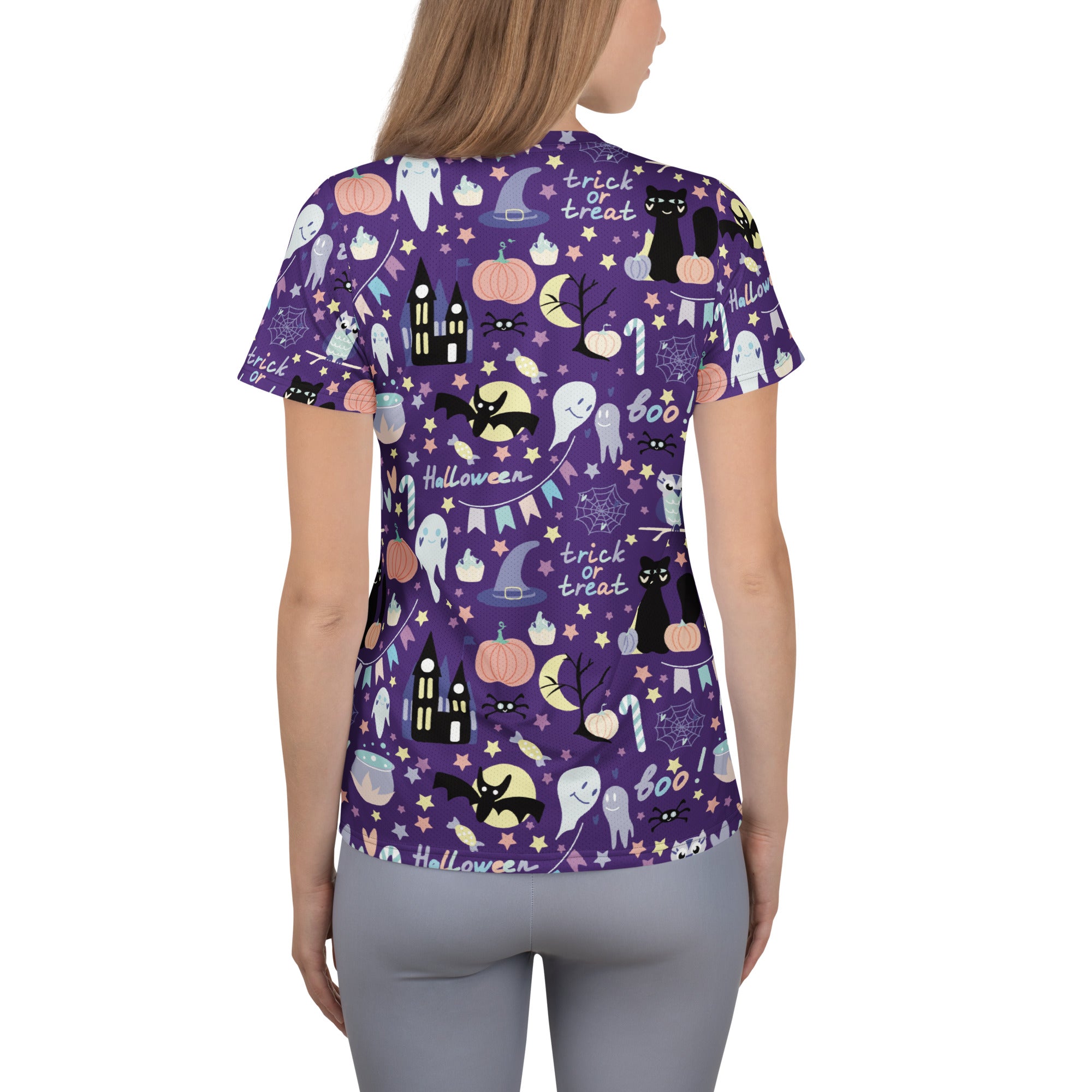 Women’s Spooky Halloween Performance Athletic T-Shirt - Lightweight Moisture Wicking Workout Top with UPF 50+