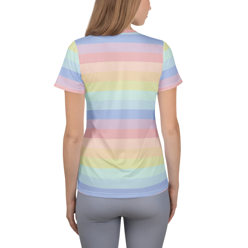 Women’s Colorful Pastel Striped Performance Athletic T-Shirt - Lightweight Moisture Wicking Workout Top with UPF 50+