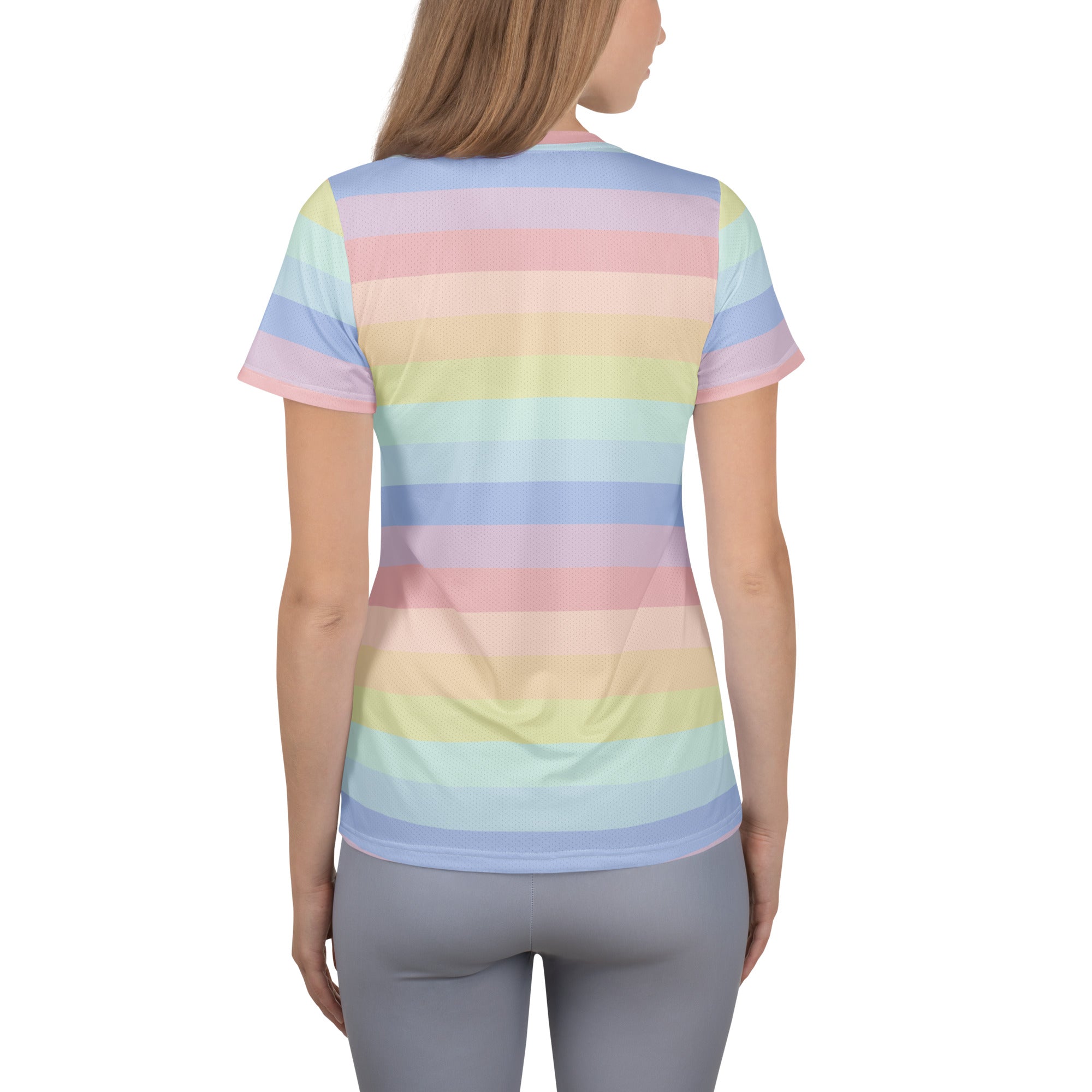 Women’s Colorful Pastel Striped Performance Athletic T-Shirt - Lightweight Moisture Wicking Workout Top with UPF 50+